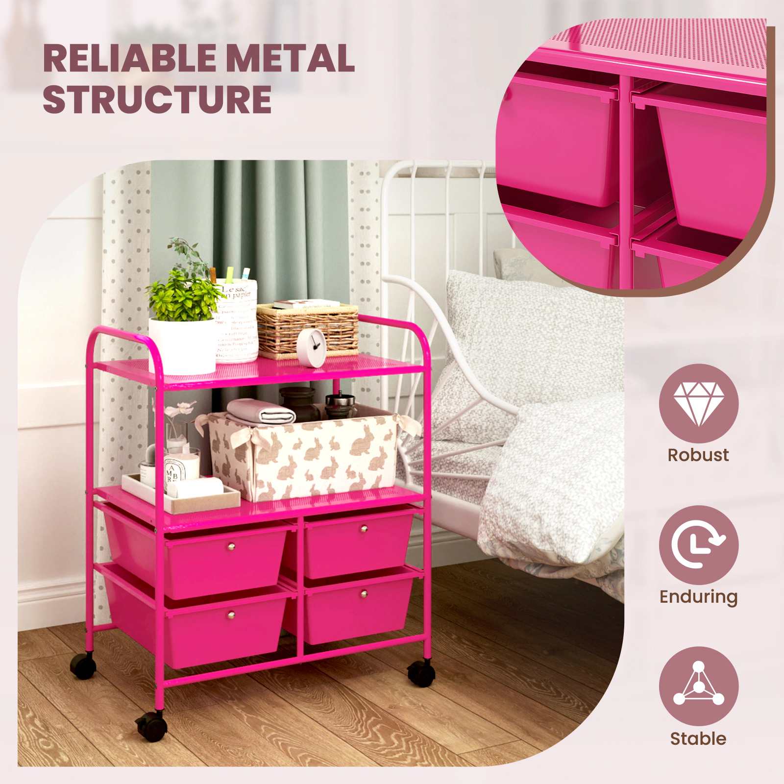 SUGIFT 4-Drawer Rolling Storage Cart with 2 Open Shelves and Locking Casters