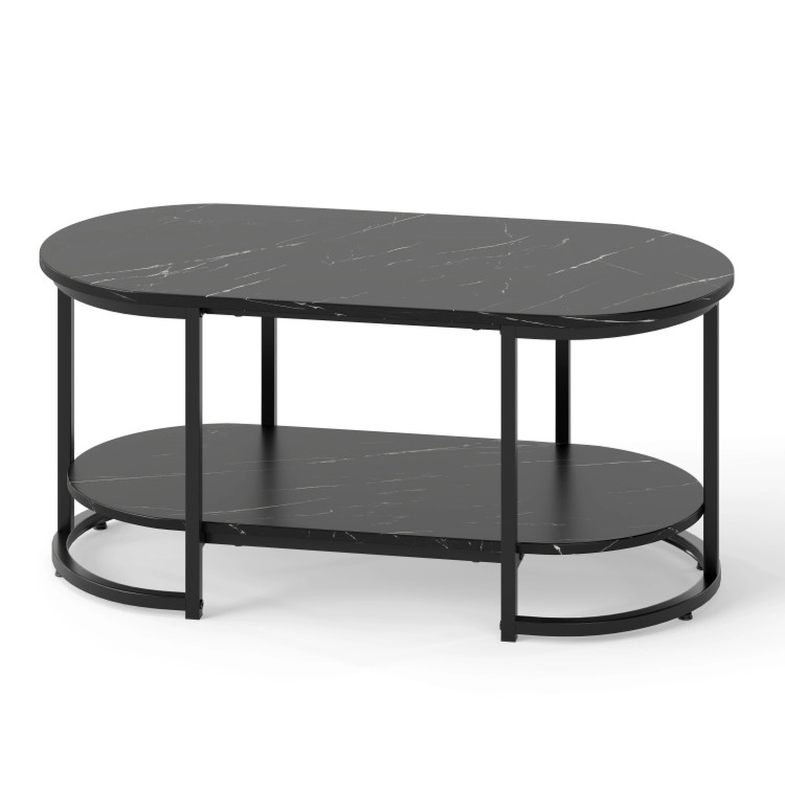 SUGIFT Oval Faux Marble Top 2-Tier Open Storage Coffee Table 39.5-in x 19.5-in x 18-in 88-lb per Shelf Black