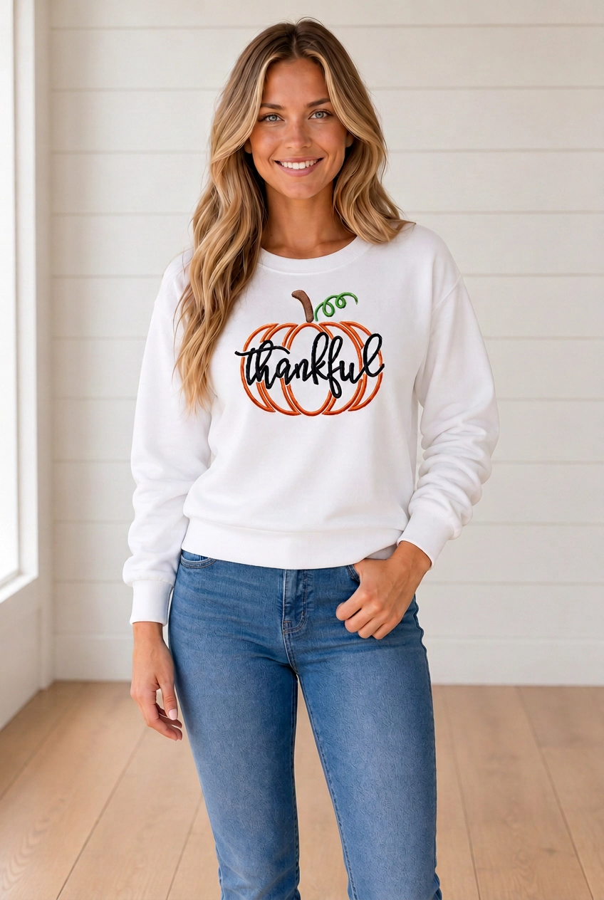 Threaded Pear Women's Maleya Thankful Pumpkin Embroidered Pullover