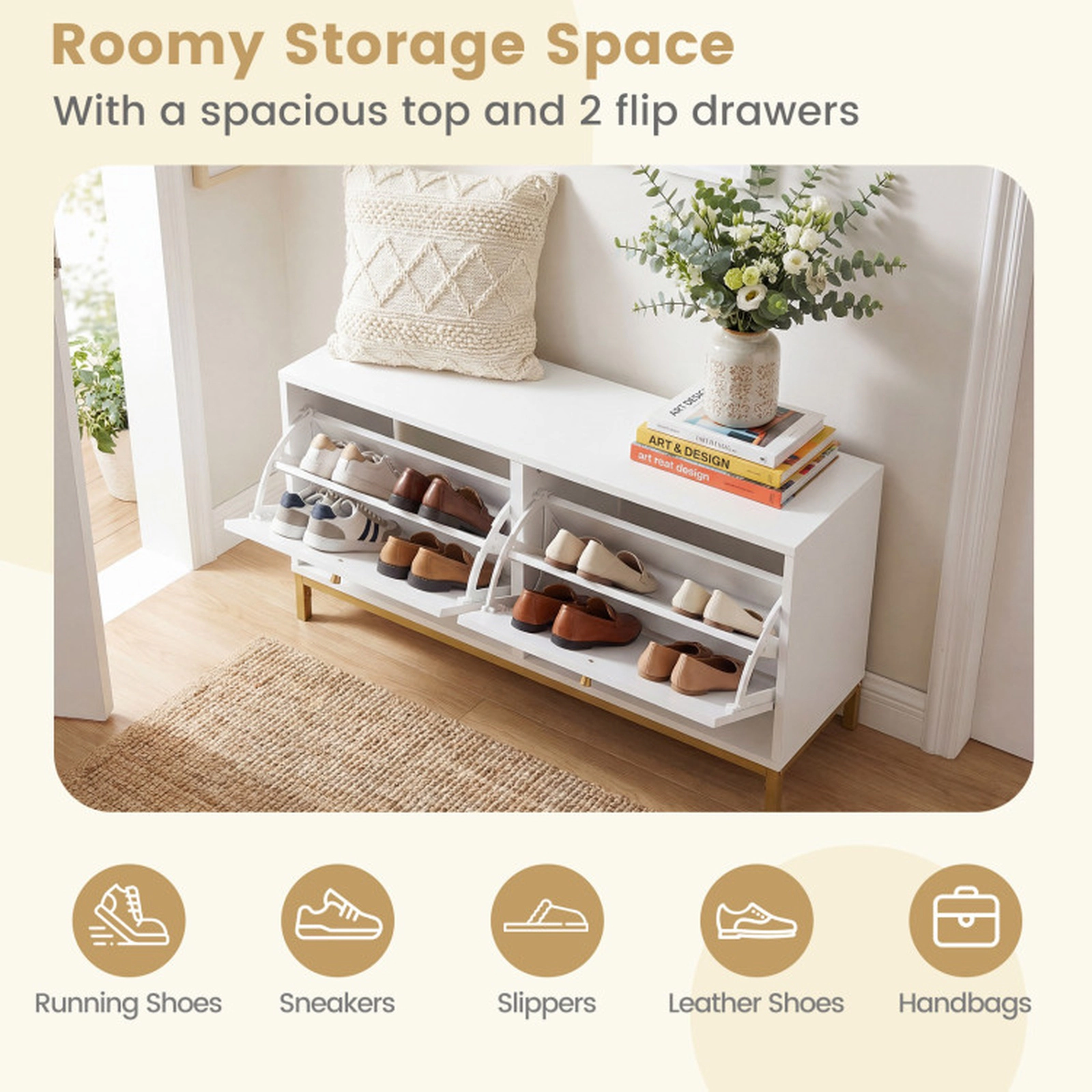 SUGIFT Shoe Storage Bench Narrow Entryway Bench 2 Flip Drawers Adjustable Shelves 150-lb Top Capacity White & Golden