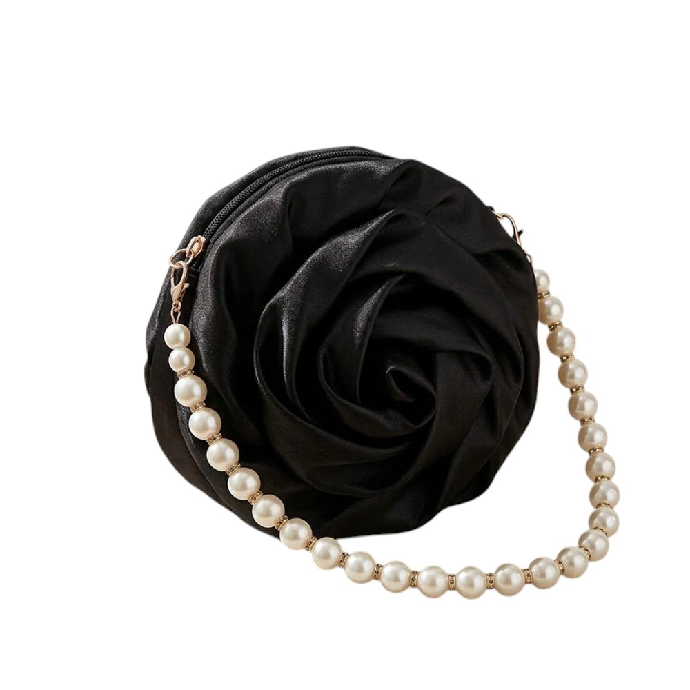 FASHNZFAB Satin Fabric Rose Shape Pearl Strap Evening Bag
