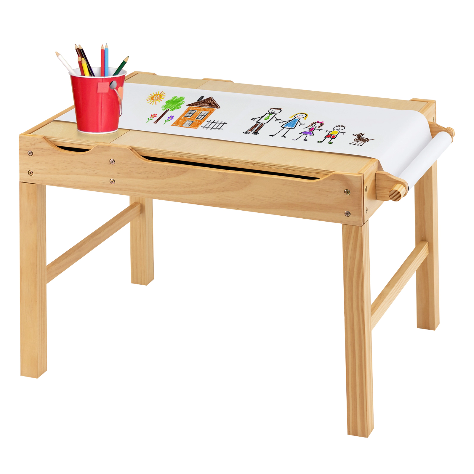 Hivvago Kids Multi Activity Play Table Wooden Building Block Desk With Storage Paper Roll