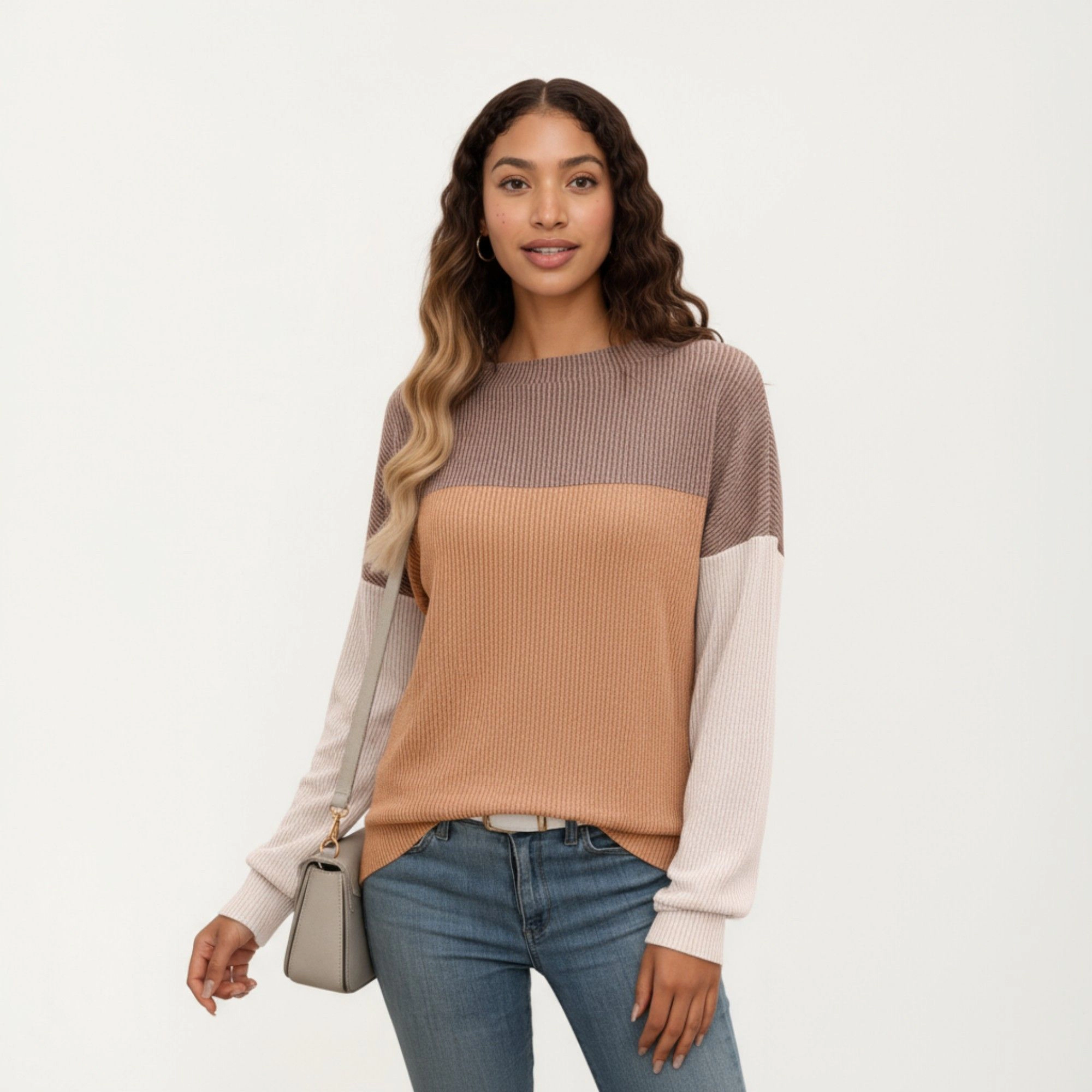 Anna-Kaci Women's Tri-Tone Colorblock Crew Neck Relaxed Fit Long Sleeve Pullover Top