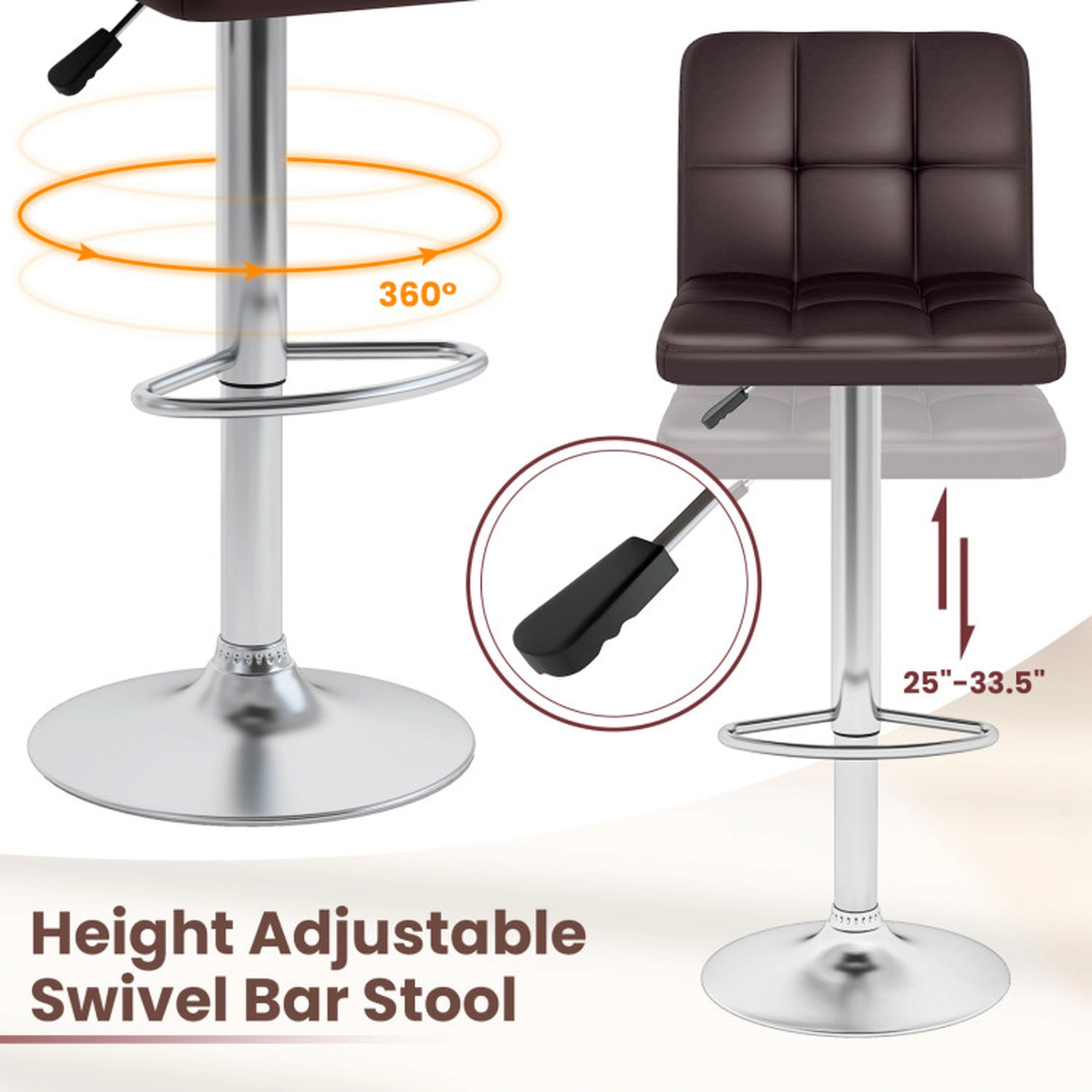 SUGIFT Upholstered Adjustable Swivel Bar Stools with Back and Footrest 250-Lb Capacity 21-in Wide Brown Set of 2