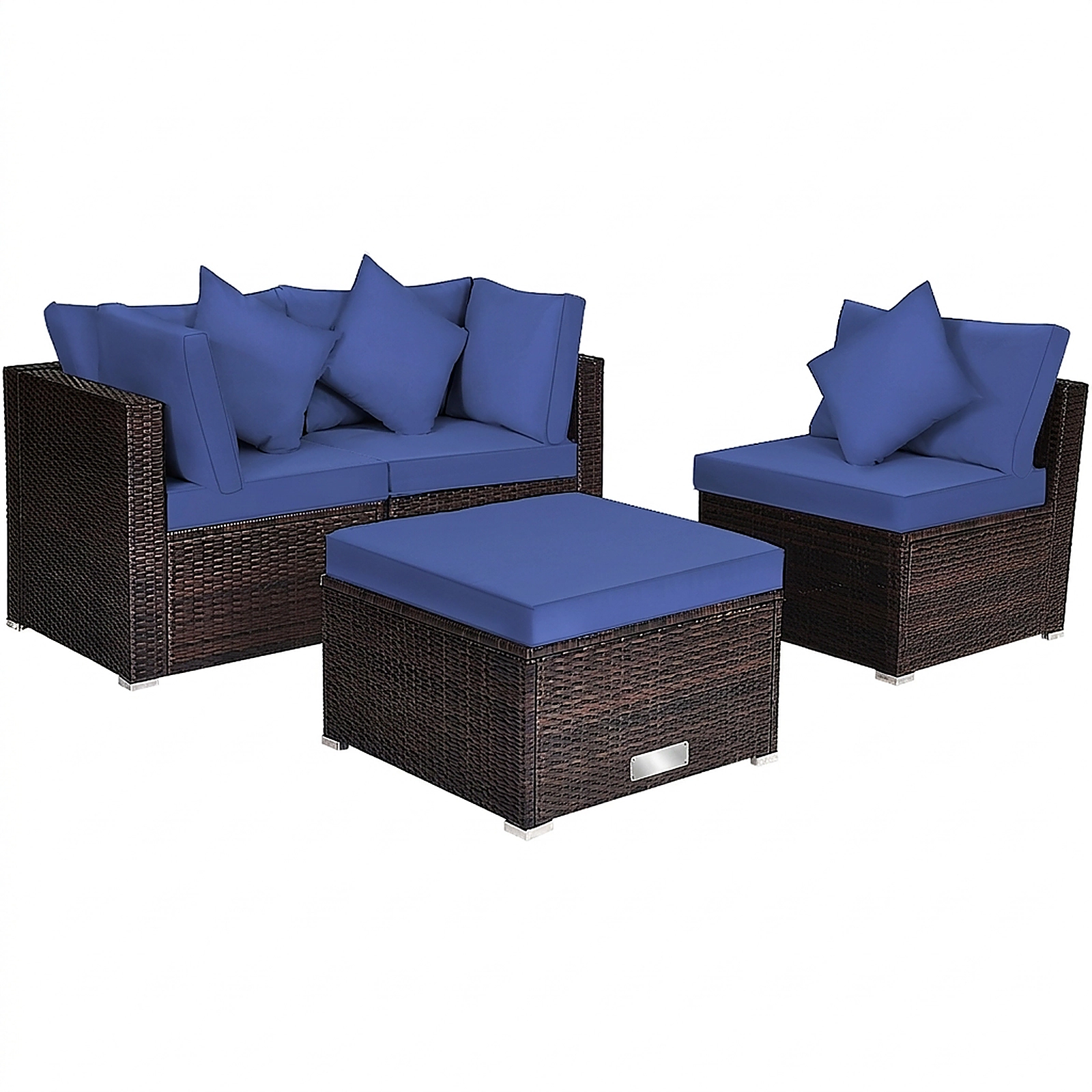SUGIFT 4-Piece PE Rattan Wicker Patio Sectional Sofa Set Ottoman 360-lb Capacity Navy Cushions 4-in Thick Seat Cushions