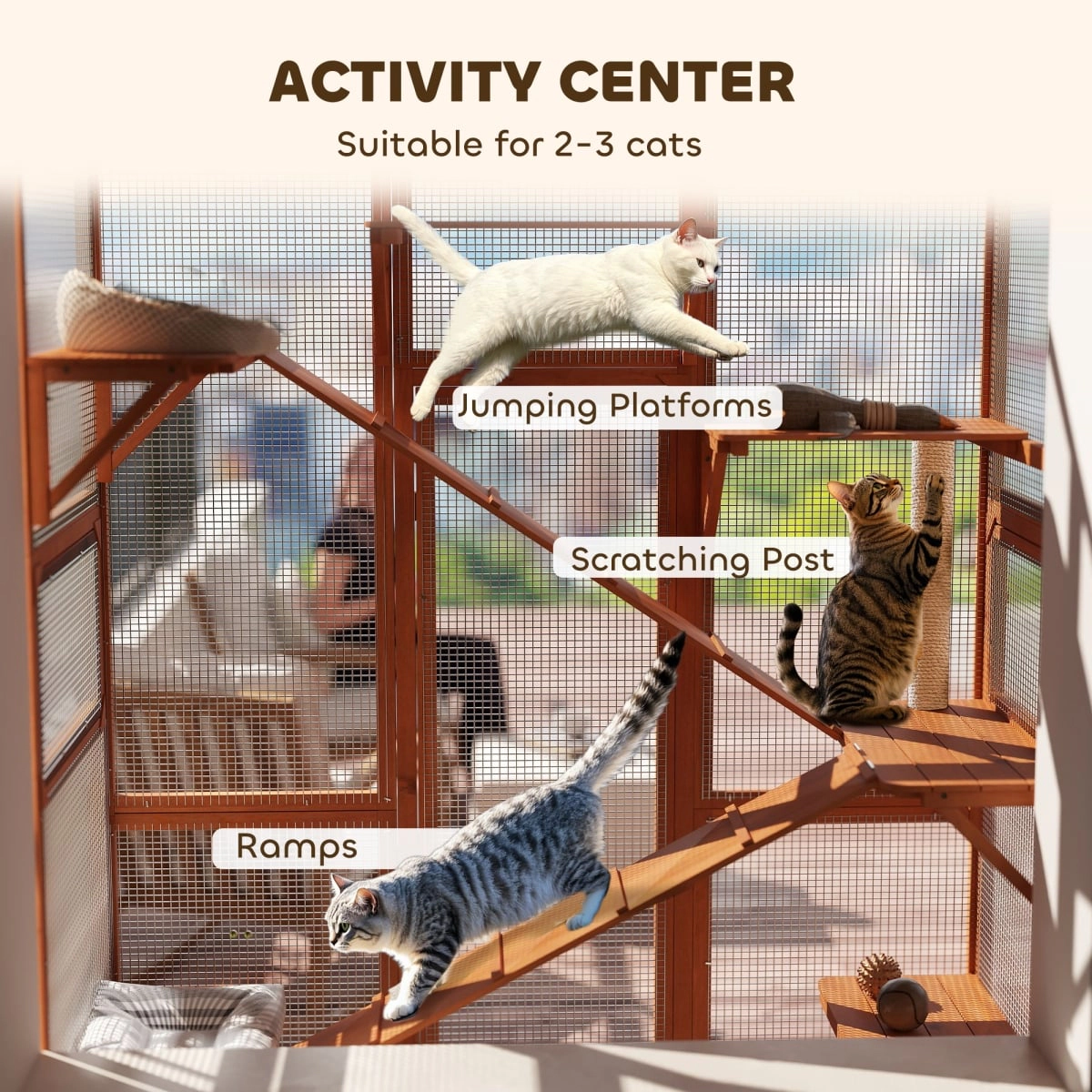212 Main PawHut Outdoor Catio Cat Enclosure with 6 Platforms, Scratching Post & 2 Ramps, Orange