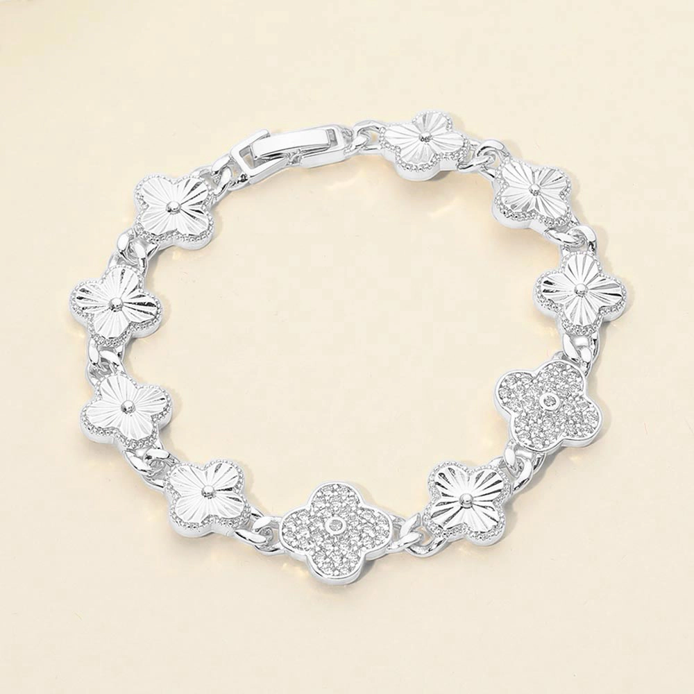 FASHNZFAB CZ Pave Quatrefoil Charm Link Bracelet - Rhodium