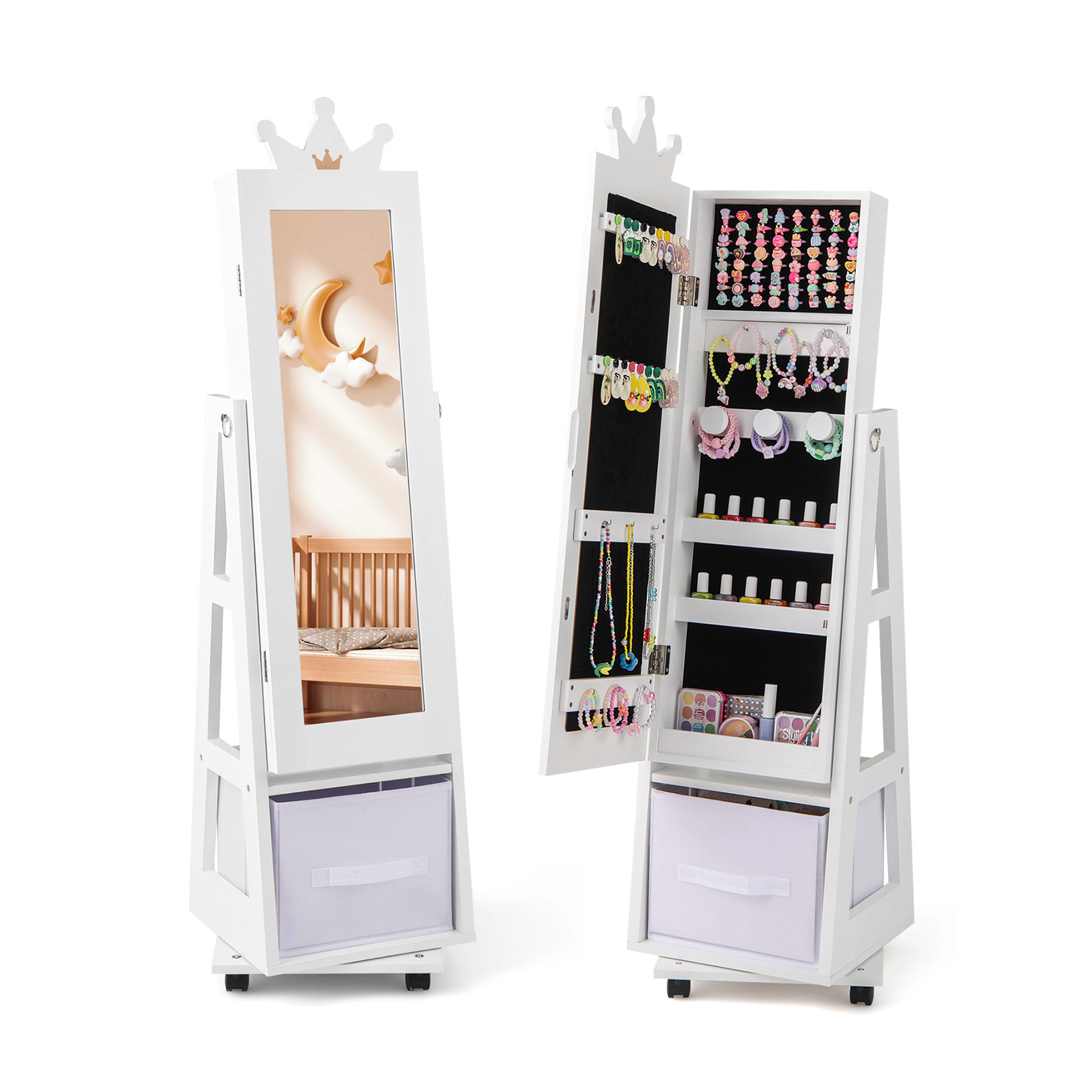 SUGIFT Kids Jewelry Armoire Cabinet with Full-Length Mirror Swivel Base and Lockable Wheels for Bedroom