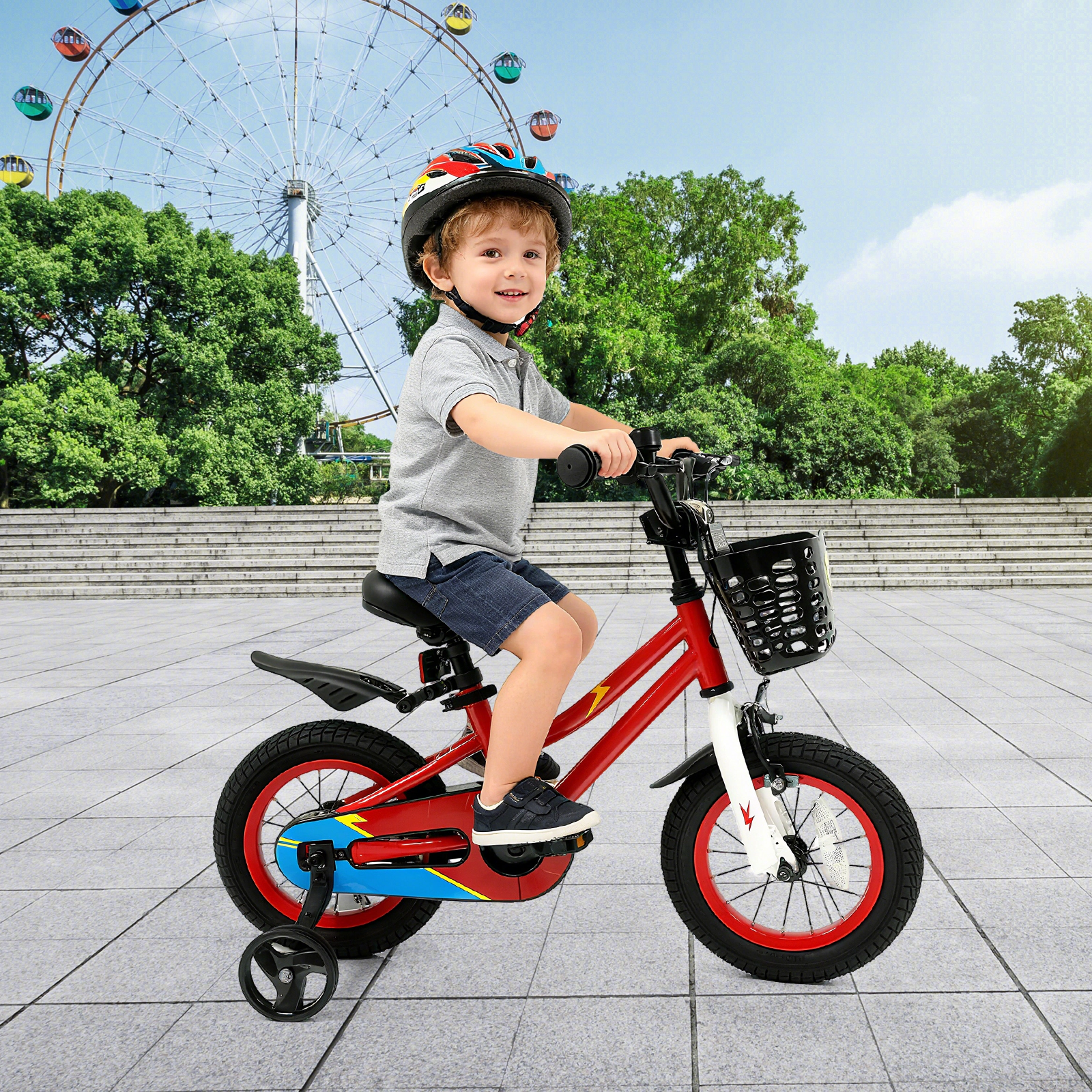 SUGIFT Four-Wheel 12-Inch Kids Bicycle with Training Wheels 100-lb Seat Capacity Ages 3-4 Years Red