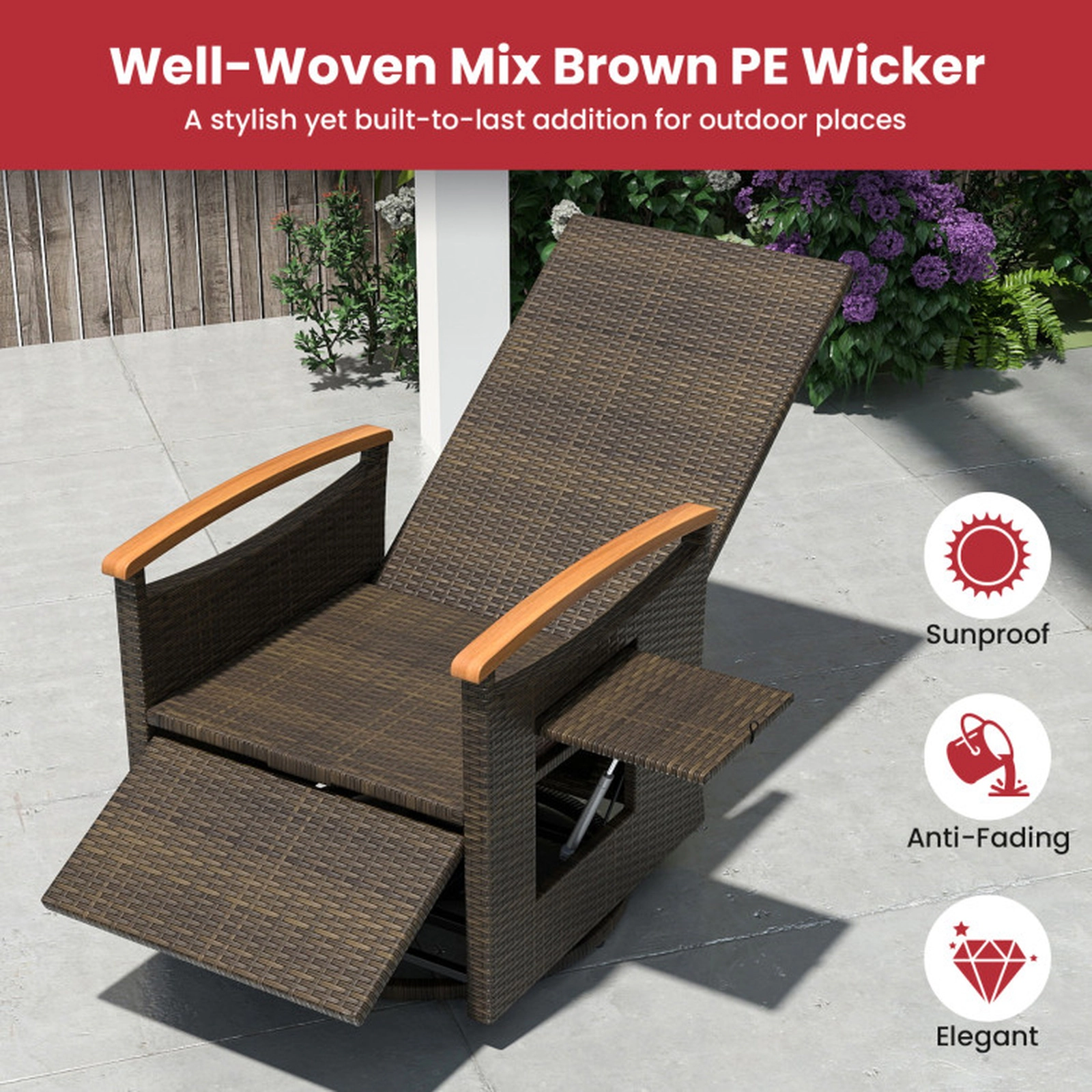 SUGIFT Patio Rattan 360° Swivel Recliner Chair with Adjustable Backrest and Footrest 400-lb Capacity 54-in Deep Red
