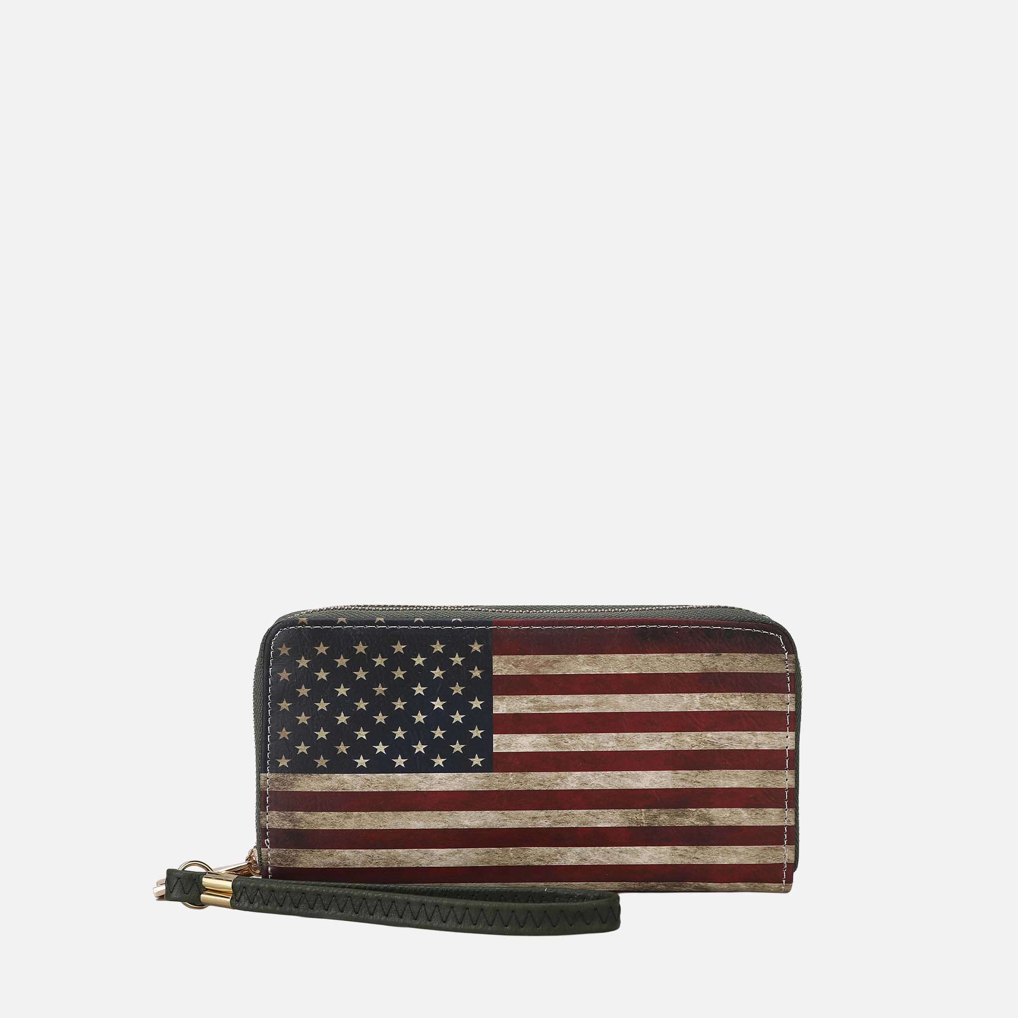 Mia K Collection Uriel Double Zip-Around Wristlet Wallet - Vegan Leather Patriotic Print