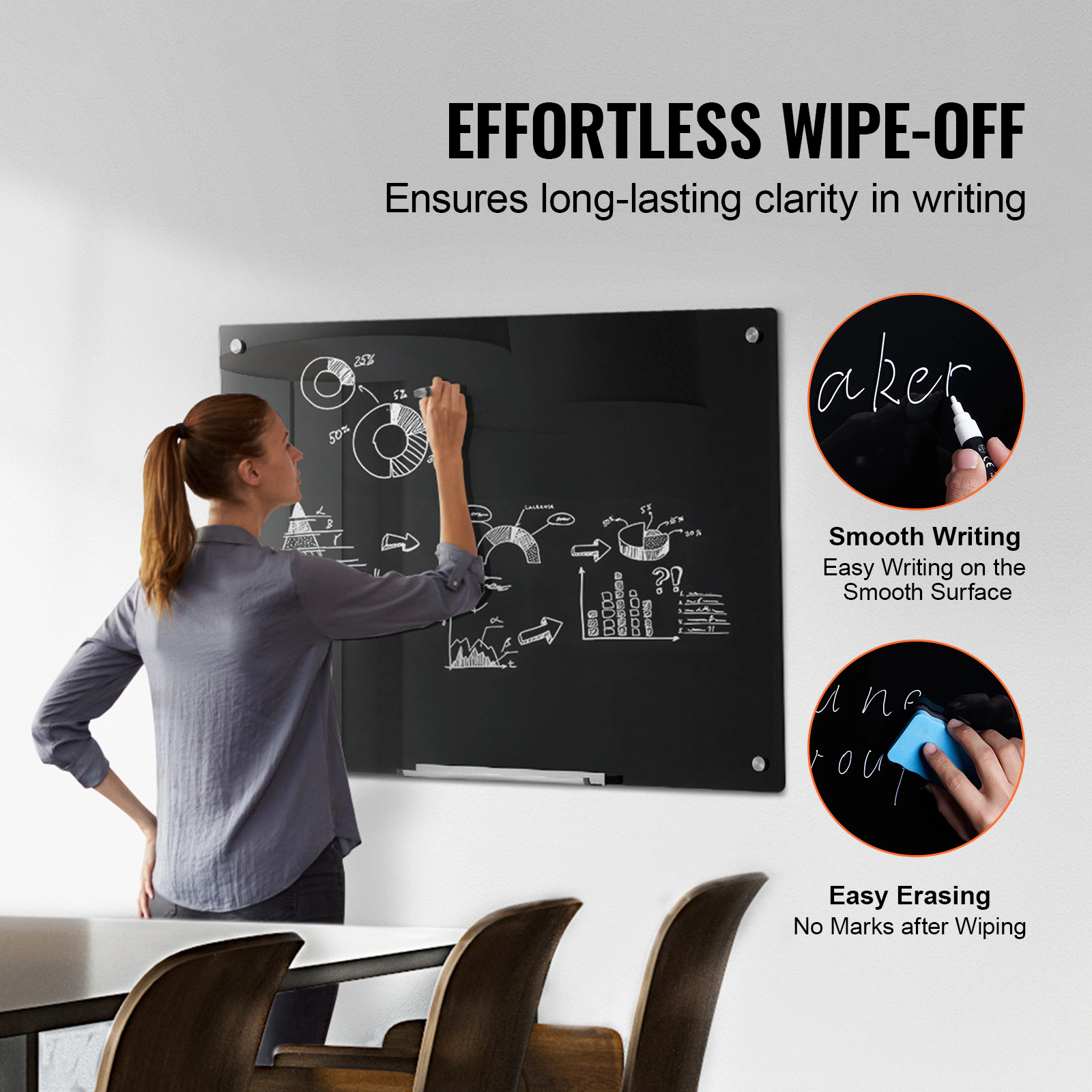 HONGGE 36 x 24 Inch Magnetic Glass Whiteboard, Frameless Wall-Mounted Dry Erase Board with Marker Tray