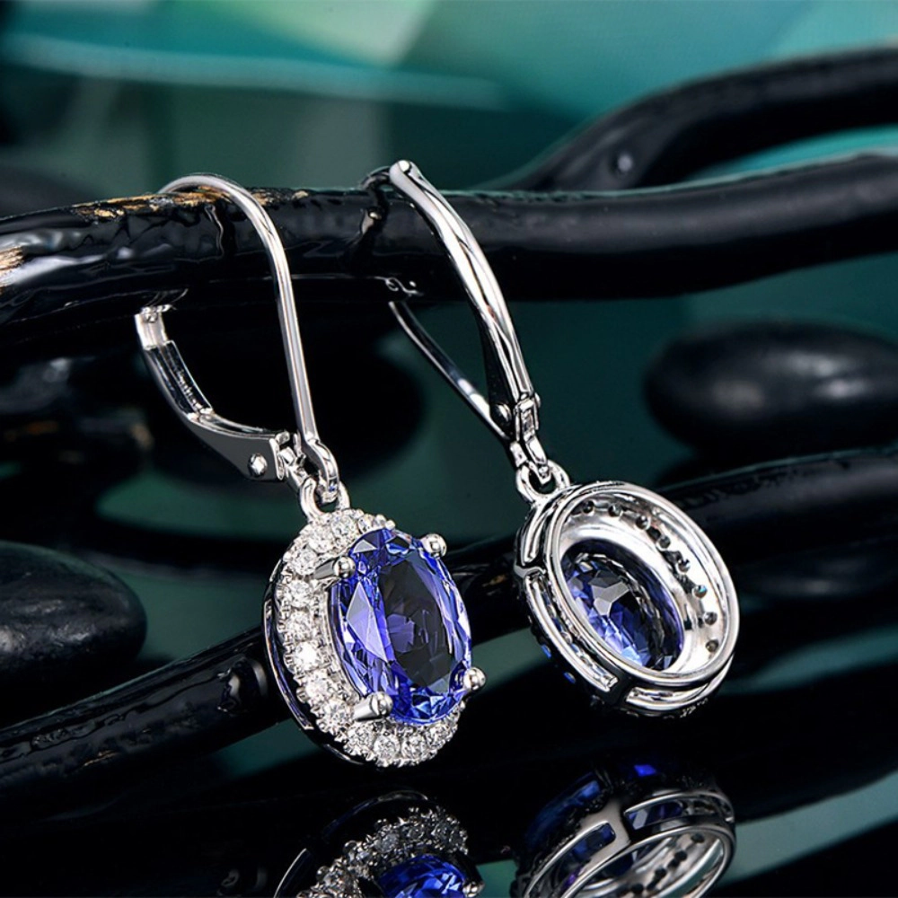 Oval Blue Gemstone Halo Leverback Drop Earring