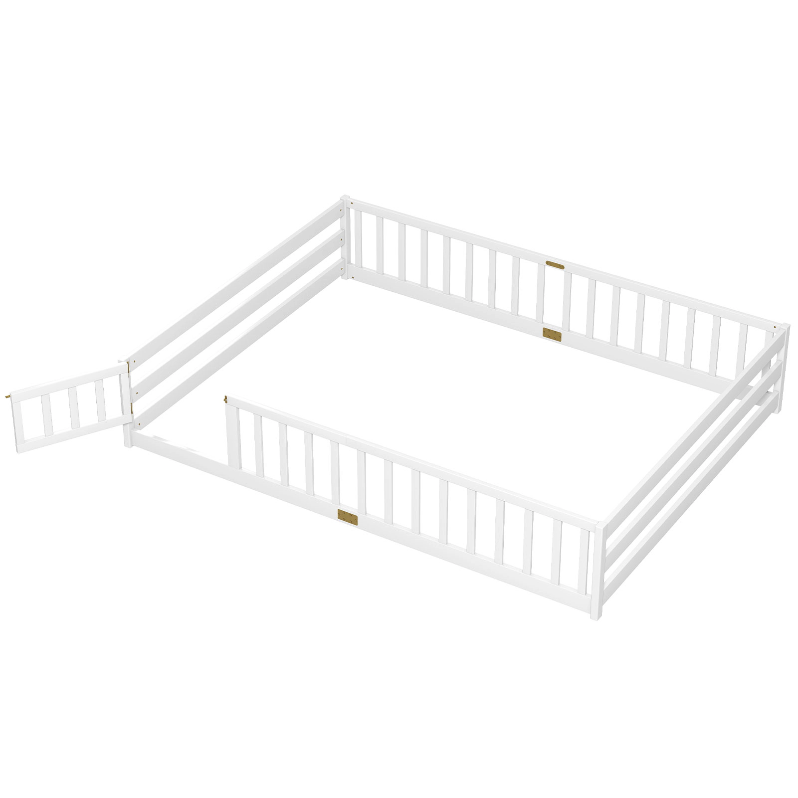 SUGIFT Low-to-Ground Queen Size Montessori Floor Bed Frame Toddler Bed Full-Length Safety Guardrails & Lockable Door