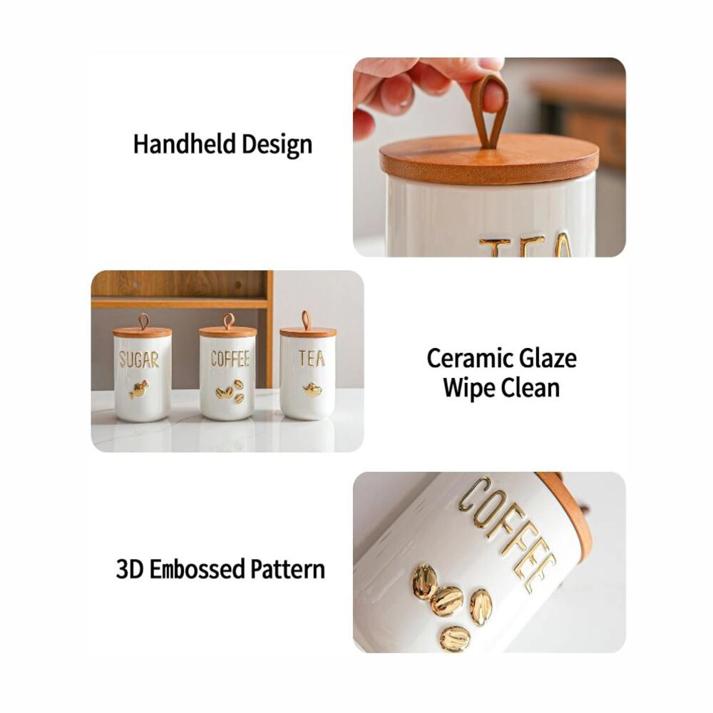 Toynee Starks Unisex Ceramic Kitchen Canister Set 25oz 3 Pack with Wooden Airtight Lids