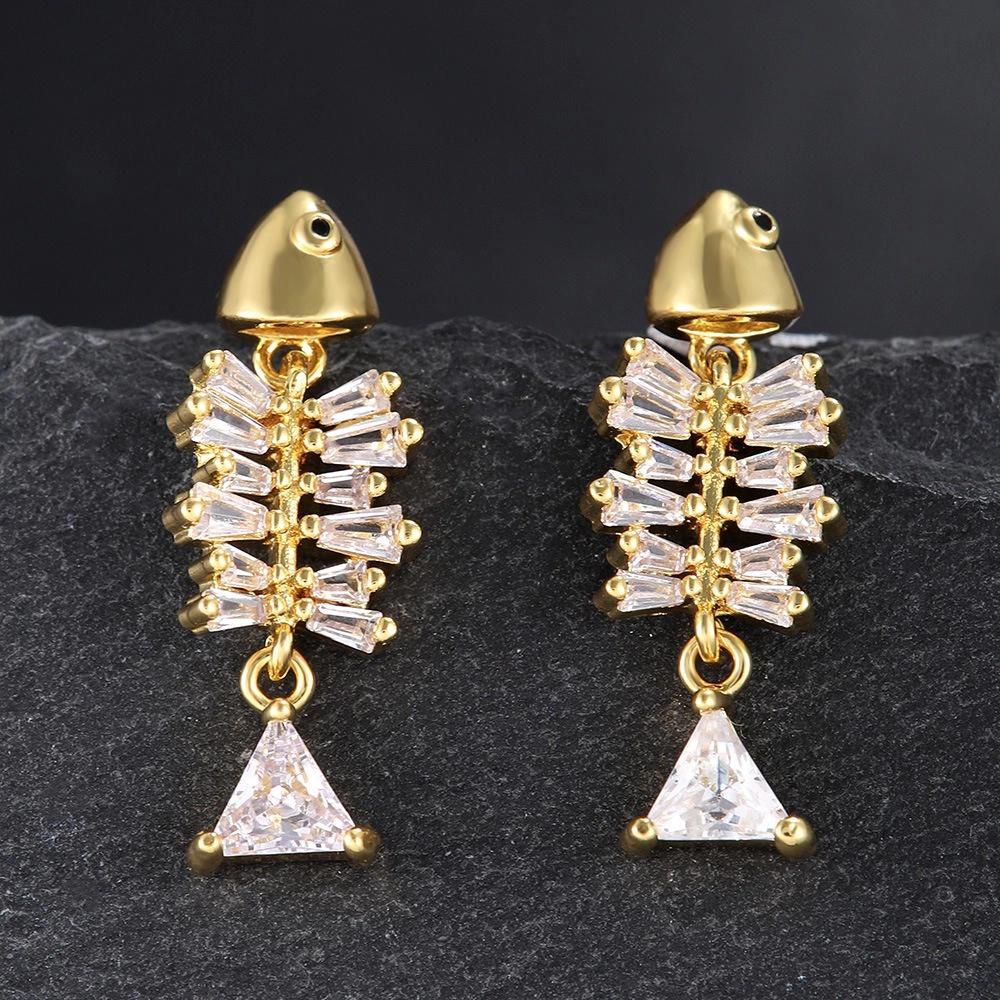 Fish Bone Cubic Zirconia Drop Earring Gold Plated Creative Fish Skeleton Dangle Earring