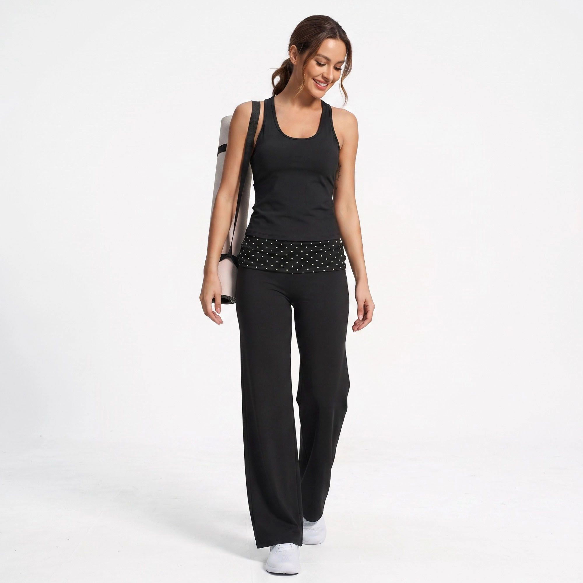 Anna-Kaci Women's Polka Dot Foldover Waist Wide-Leg Yoga Pants Full-Length Flowy Workout Trousers