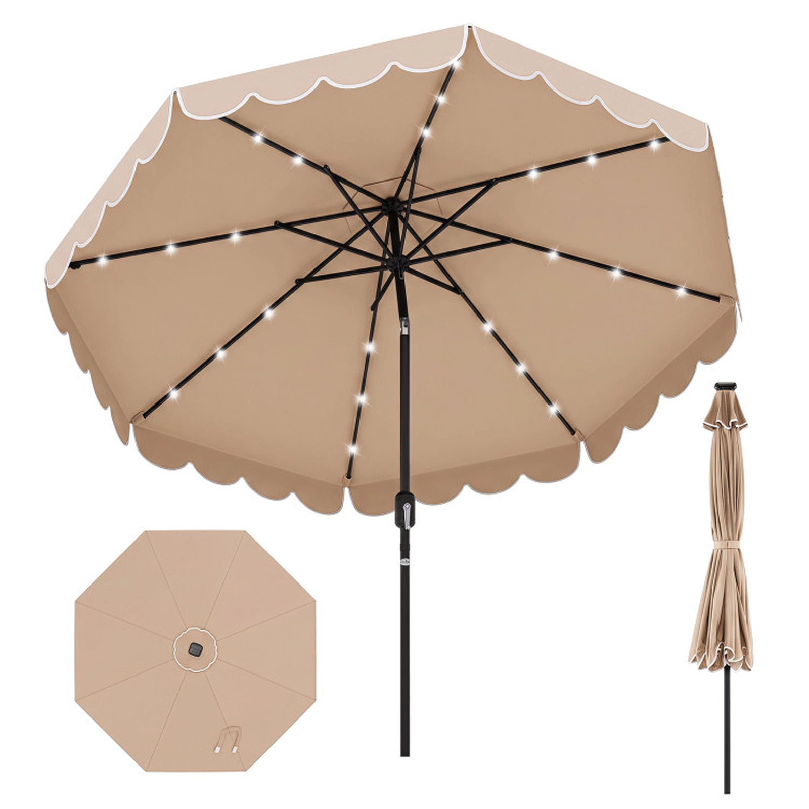 SUGIFT 10 ft Beige Solar LED Patio Umbrella, 24 Lights, 8 Ribs, Ruffled Edge, Push-Button Tilt
