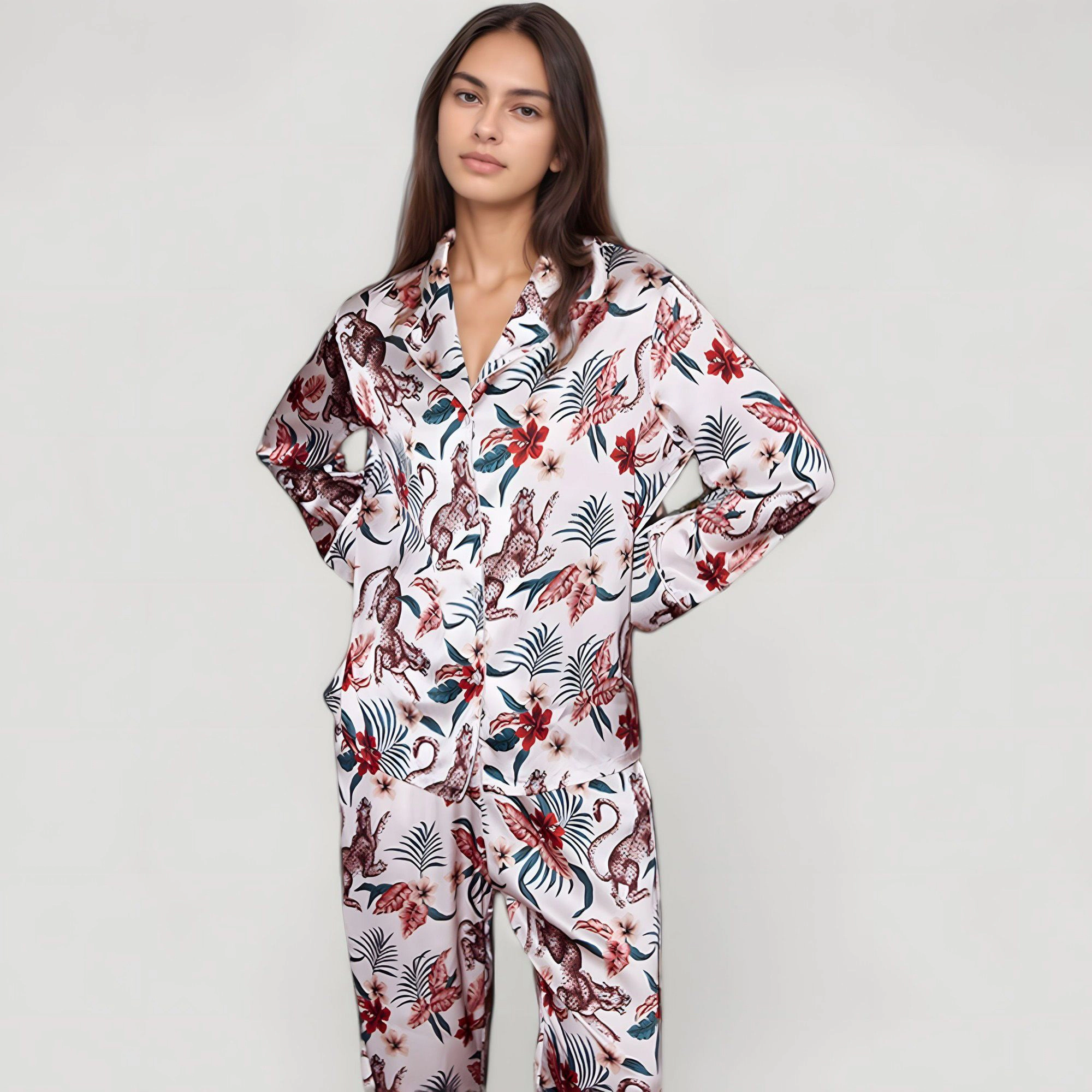 Anna-Kaci Women's Jungle Animal and Floral Pajama Set Long Sleeve Notch Collar Button Down Top Relaxed Woven Pants