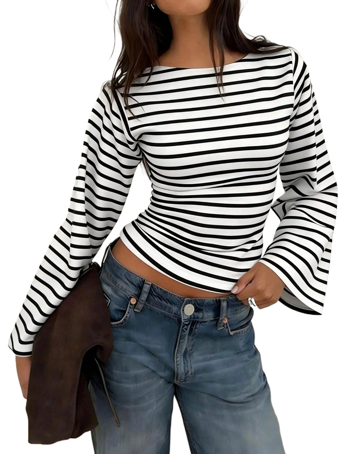 Enchanted Funland Women's Boat Neck Flare Long Sleeve Ribbed Ruched Tops