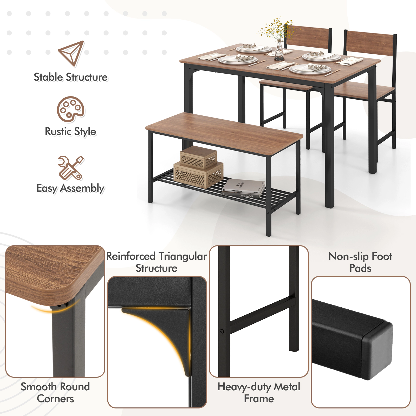 SUGIFT Rustic Dining Table Set with 2 Chairs & Storage Bench 200-lb Table 330-lb Chair 660-lb Bench Capacity