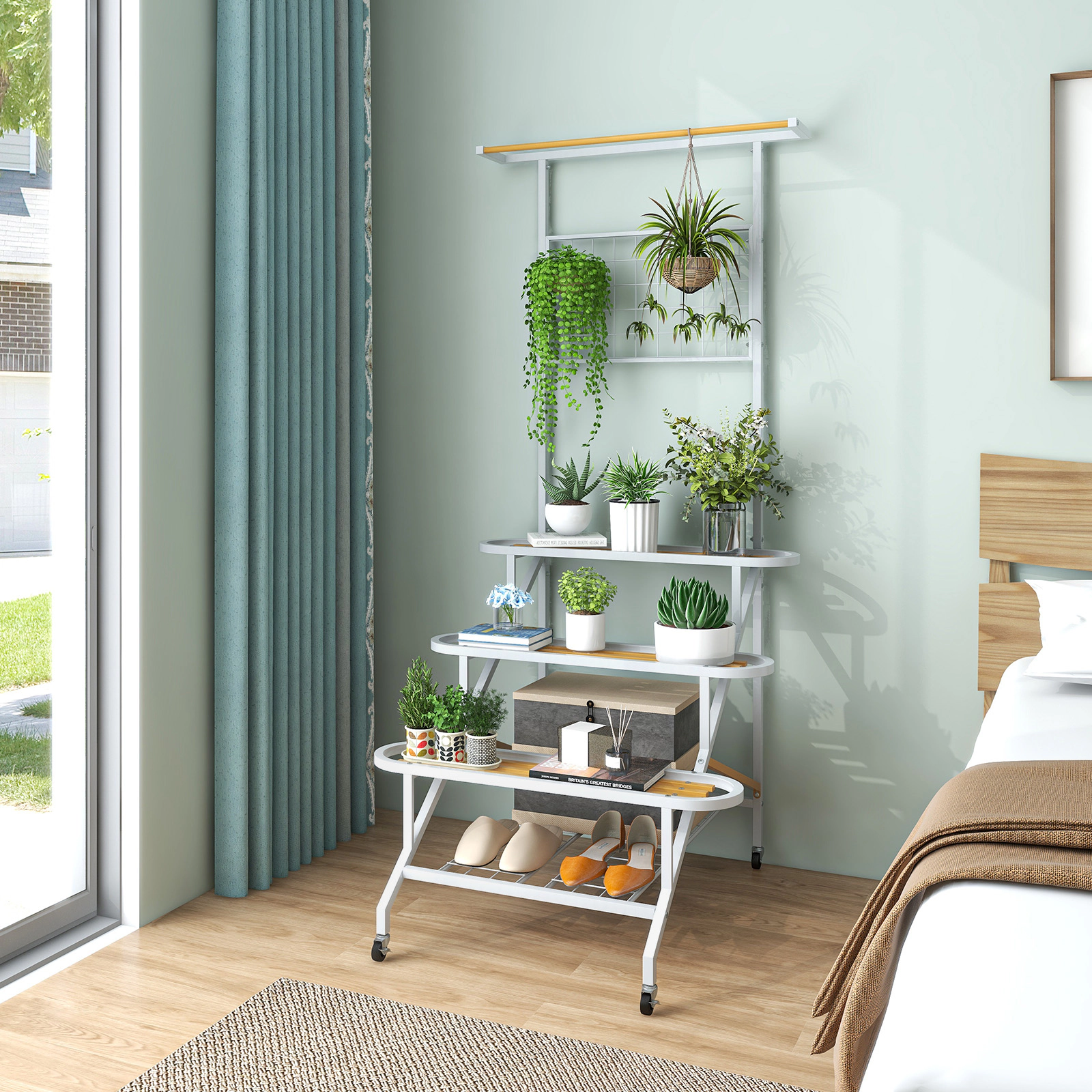SUGIFT 4 Tier Hanging Plant Stand with Grid Shelf Trellis and Hanging Bar
