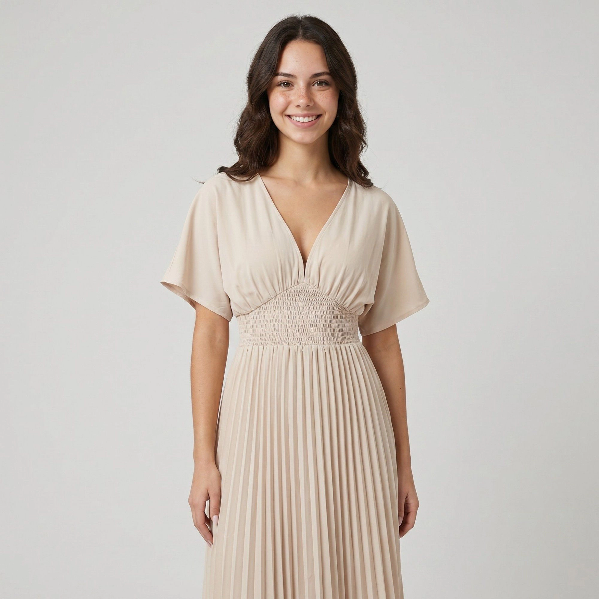 Anna-Kaci Women's Pleated V-Neckline Short Flutter Sleeves Smocked Waist A-Line Skirt Maxi Dress