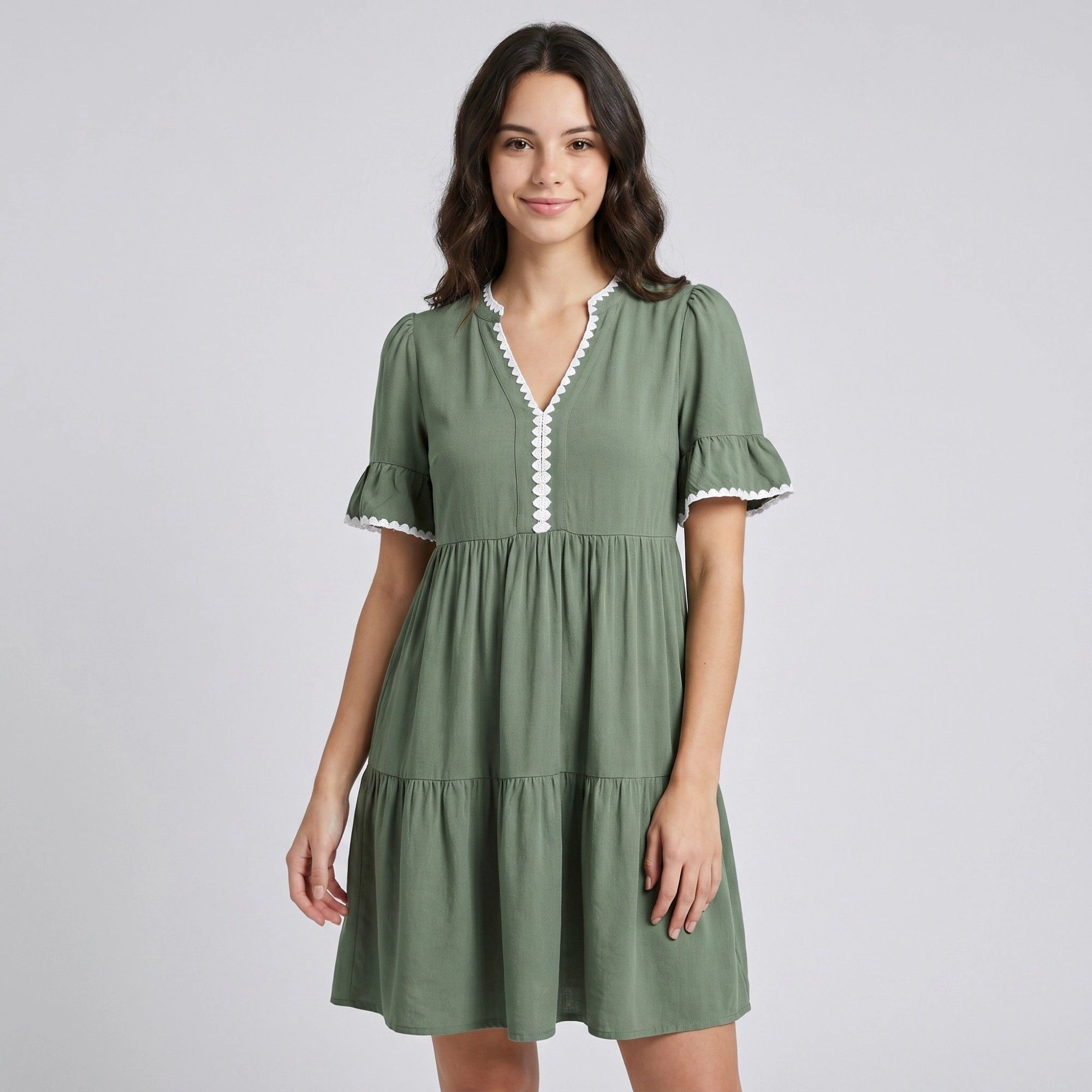 Anna-Kaci Women's Lace Trim V Neck Flutter Sleeve Tiered Gathered Waist Flowy Relaxed Silhouette Mini Dress