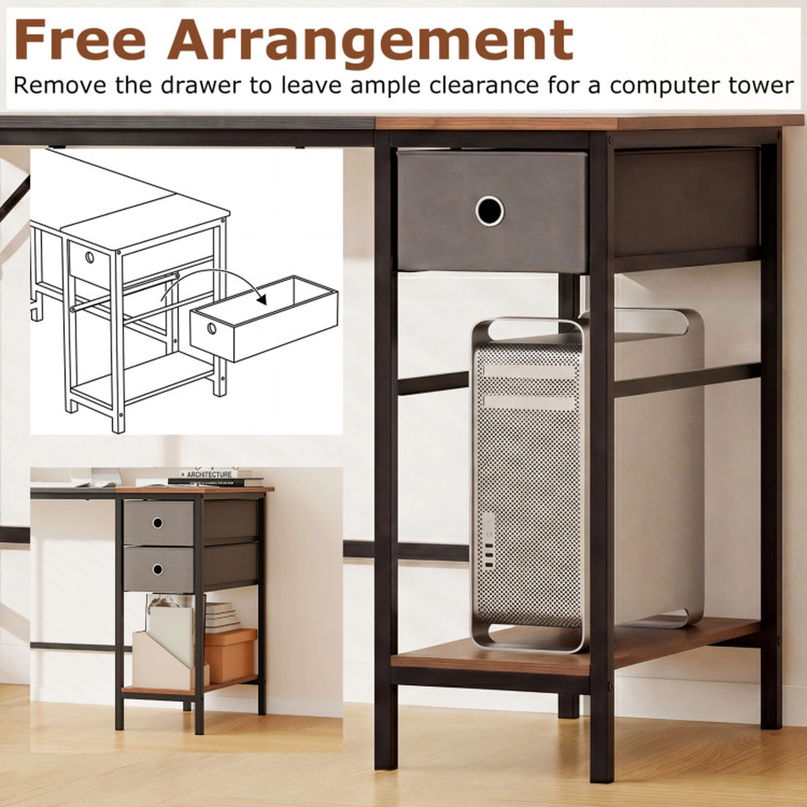SUGIFT 48-Inch Industrial Computer Desk with Removable Fabric Drawers, Open Shelf and Anti-Tip Kits