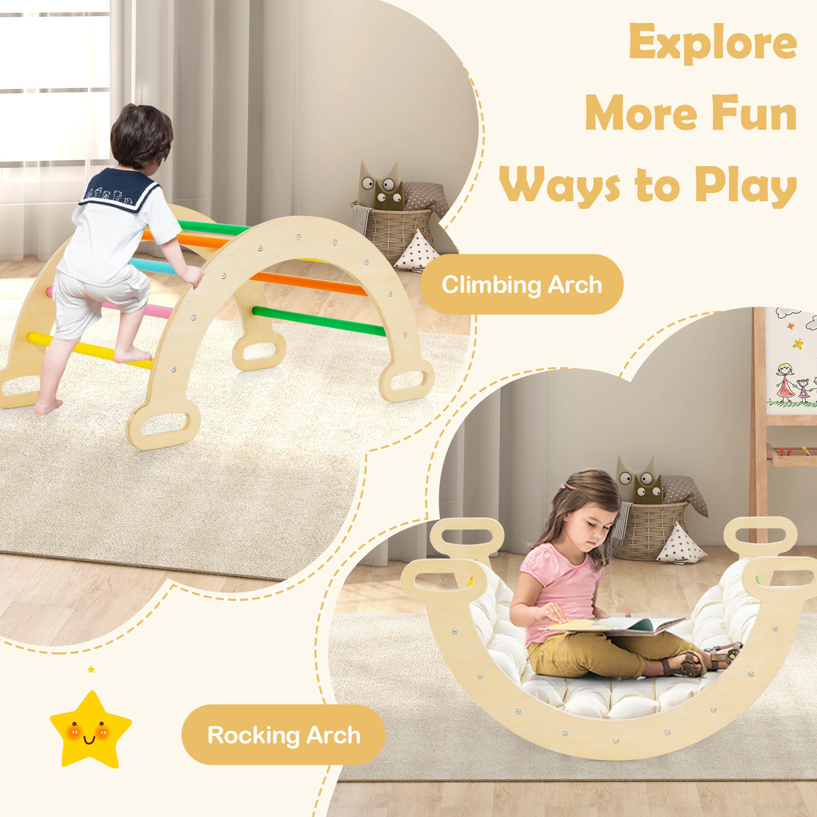 SUGIFT Multicolor Triangle Arch and Reversible Ramp 5-in-1 Wooden Kids Climber Set