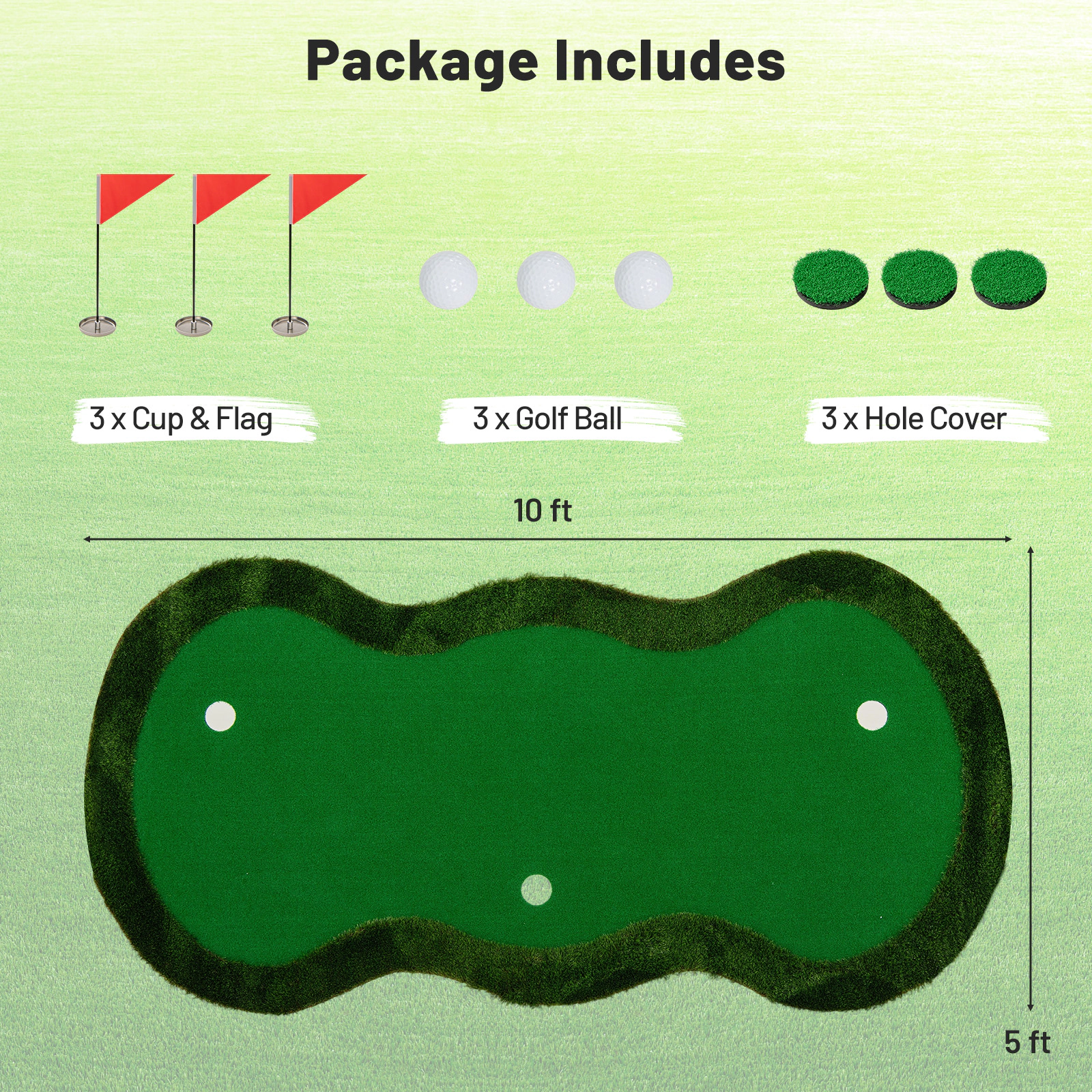 SUGIFT 3 Holes Cups and Flags 5 x 10 ft Golf Practice Putting Green Mat