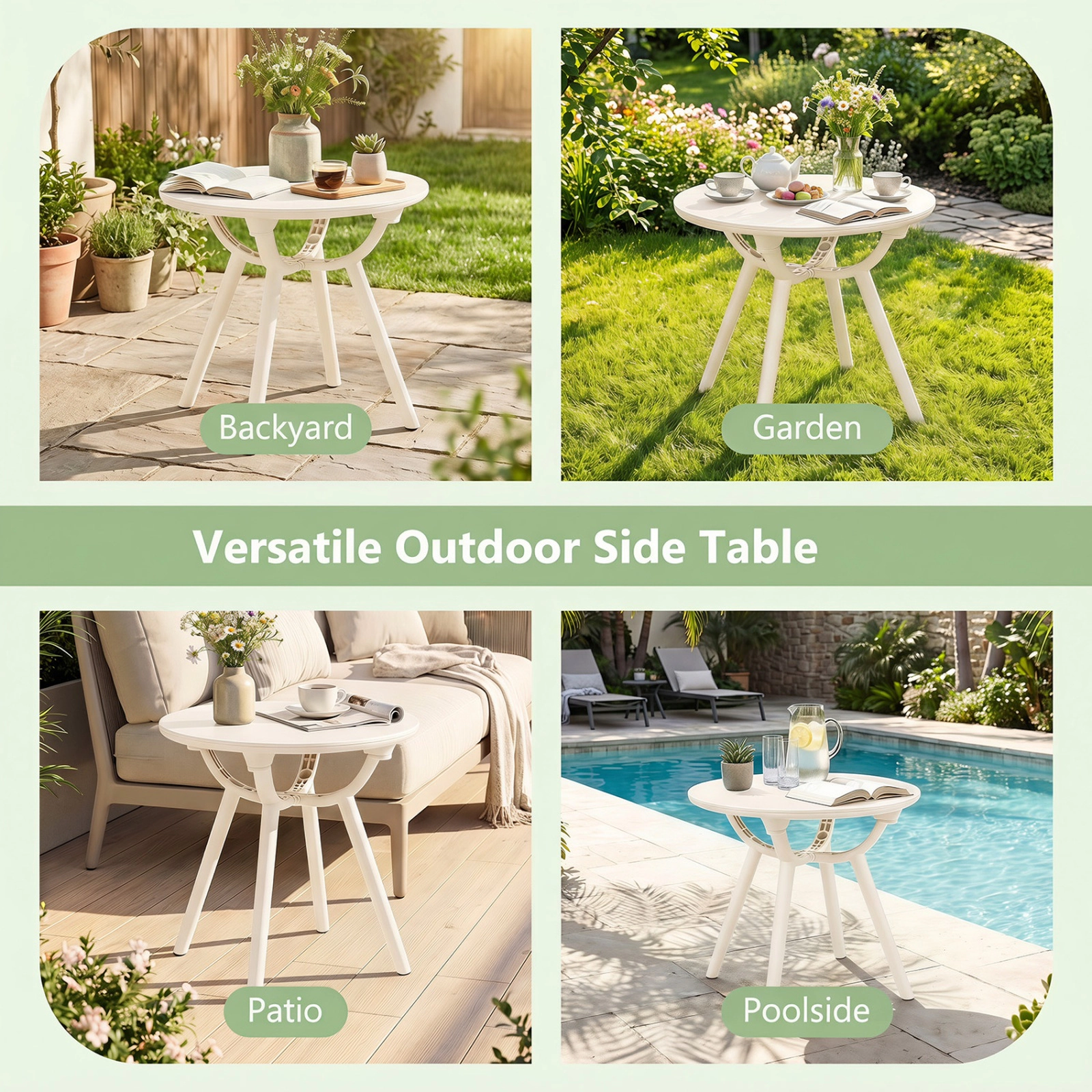 SUGIFT Set of 2 White Round Outdoor Side Tables, 20 in, 110-lb Capacity