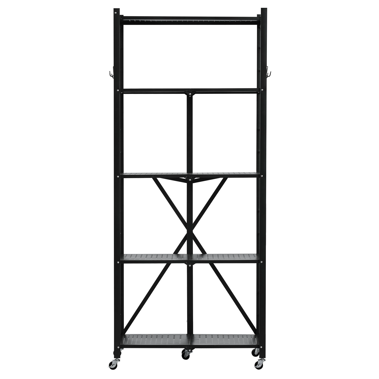 HONGGE Foldable Storage Shelf Folding Metal Rack Shelving Unit No Assembly Organizer Shelf with 5 Wheels & 4 Hooks for