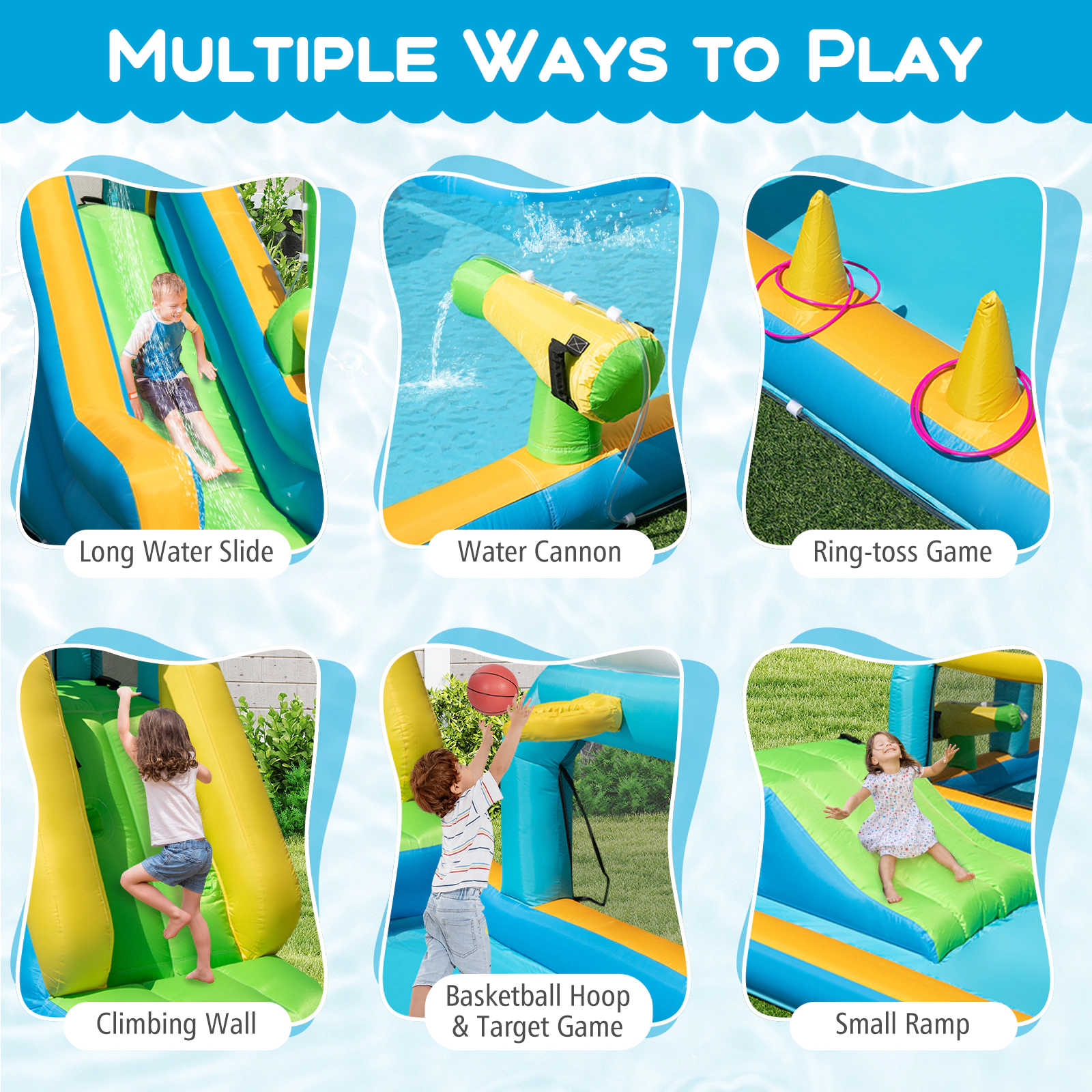 SUGIFT Tropical Inflatable Water Slide Aqua Park with Dual Slides Obstacle Tunnel and Splash Pool