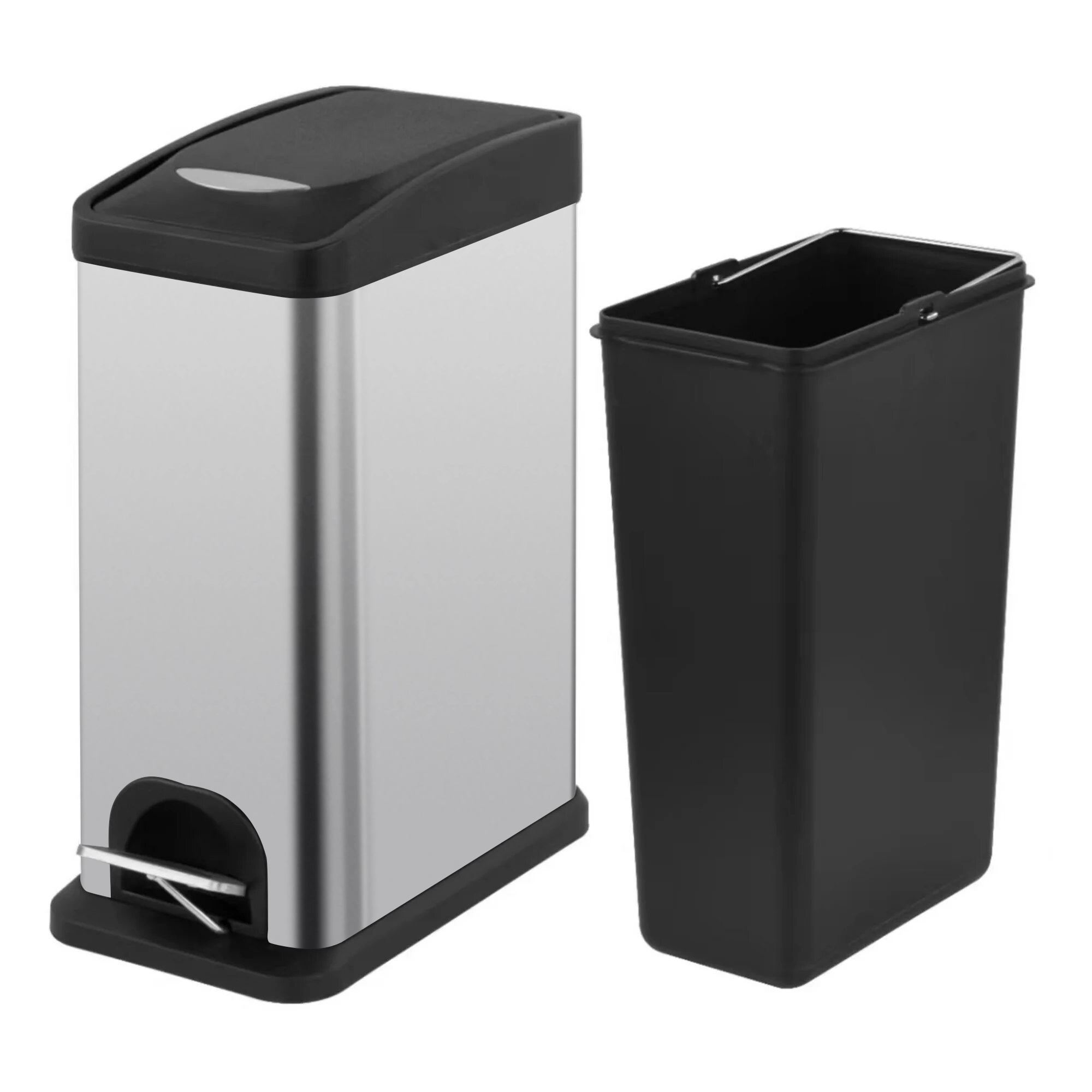 Innovaze Slim Stainless Steel Trash Can, 2.1 Gallon / 8L Step Waste Basket and Wall-Mounted Bag Holder Set