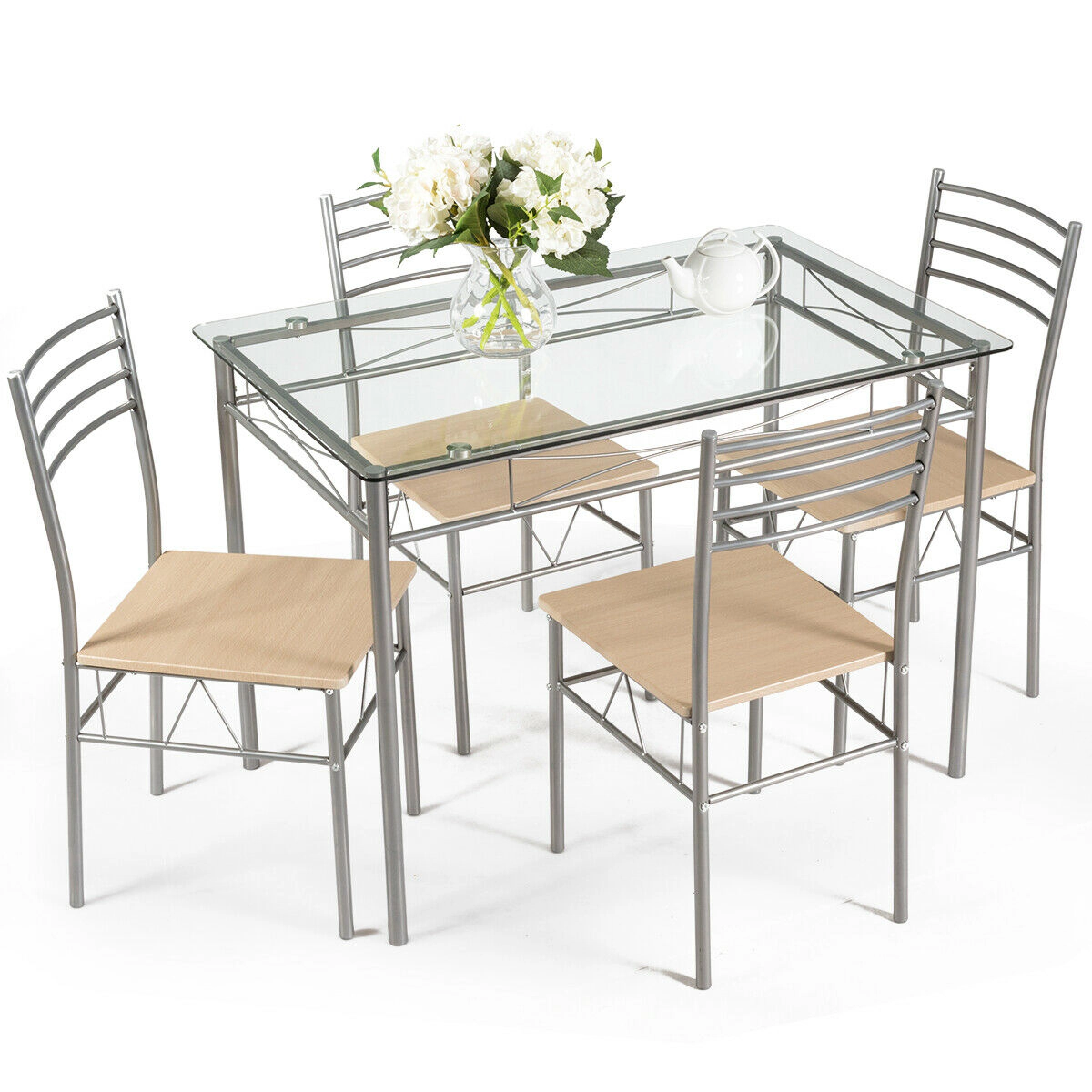LJG 5 Pieces Dining Set Glass Table and 4 Chairs
