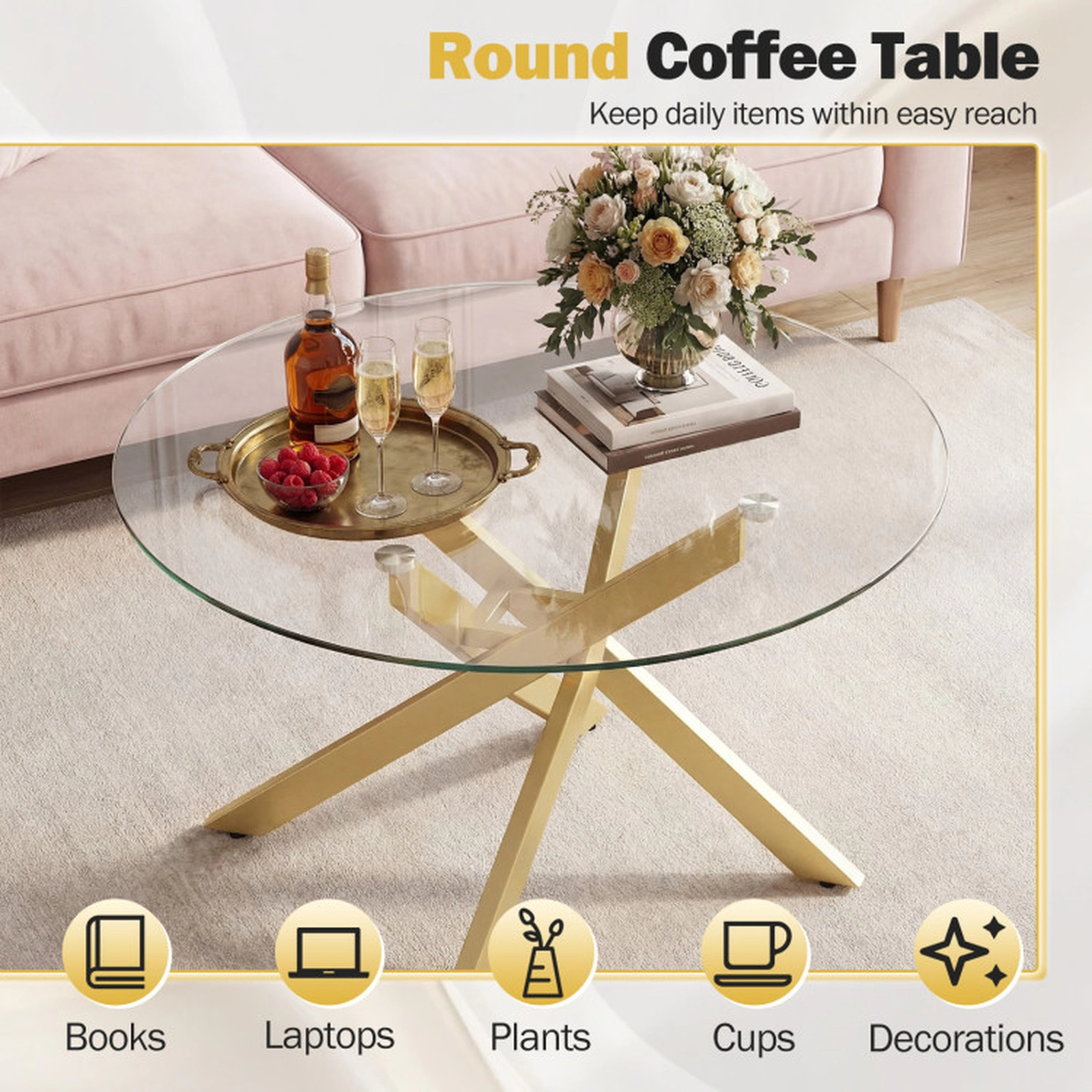 SUGIFT Round Tempered Glass Top Crossed Metal Legs Coffee Table 31.5-in x 31.5-in x 17.5-in 110-lb Capacity Gold