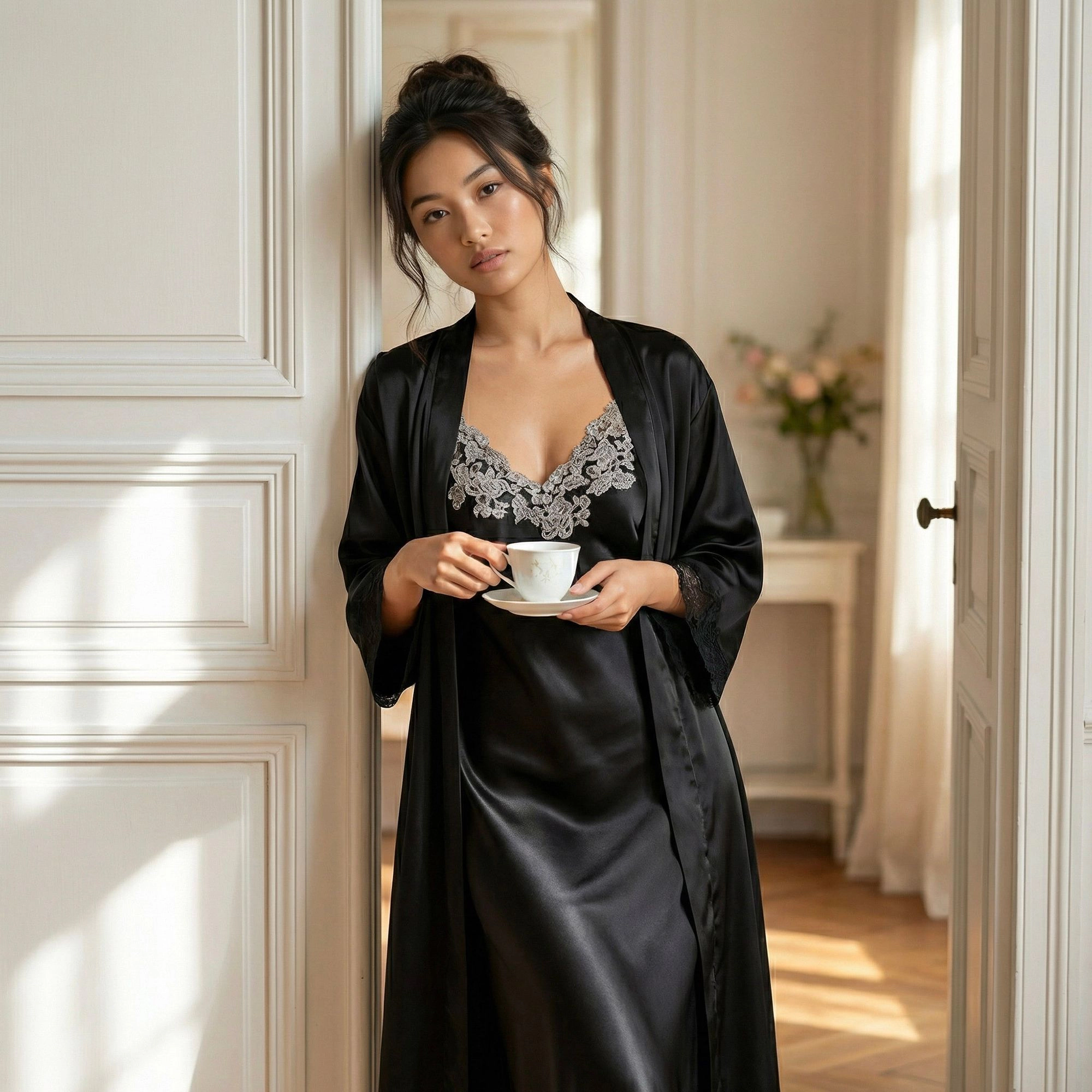 Anna-Kaci Women's Satin Long Robe and Lace Trim Nightgown Set