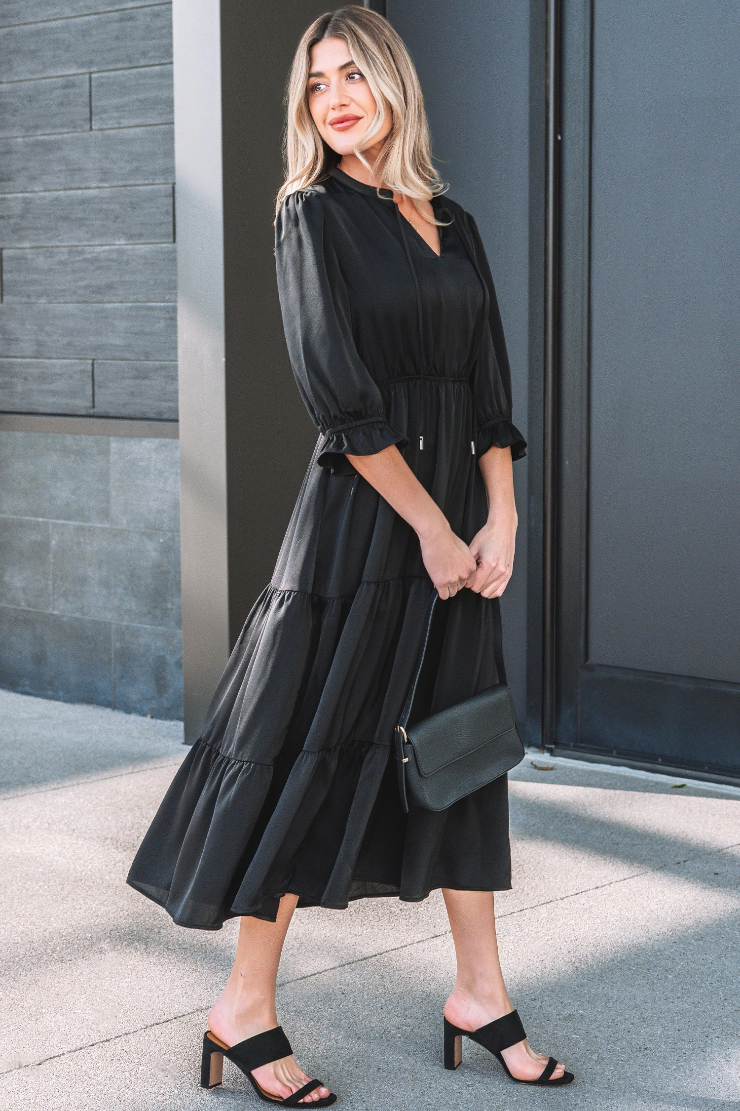 Threaded Pear Women's Natasha Sleeve Tiered Maxi Dress