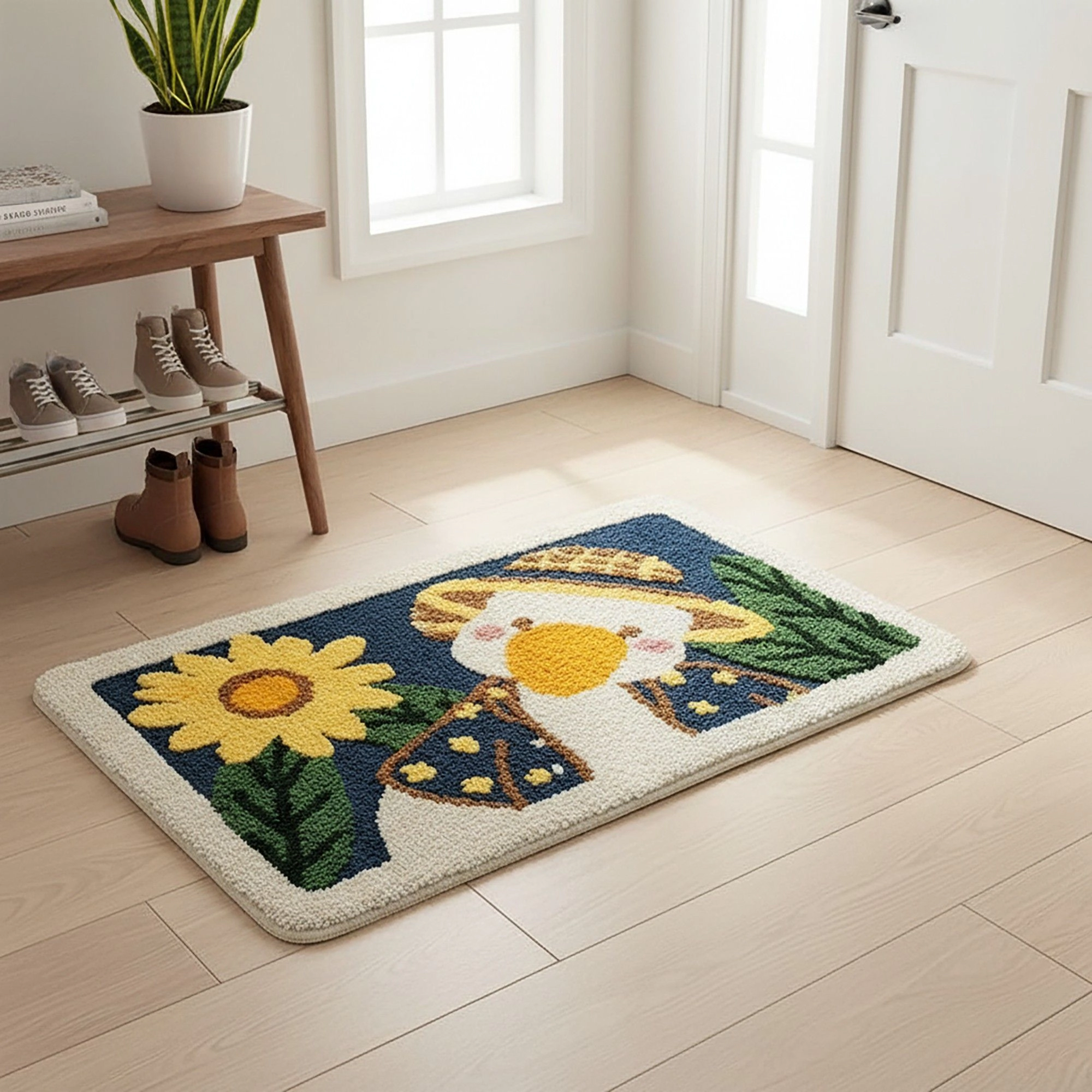 Alilang Unisex Tufted Floor Mat with Cute Animal and Sunflower Design Non Slip Backing Soft Plush Decorative Rug