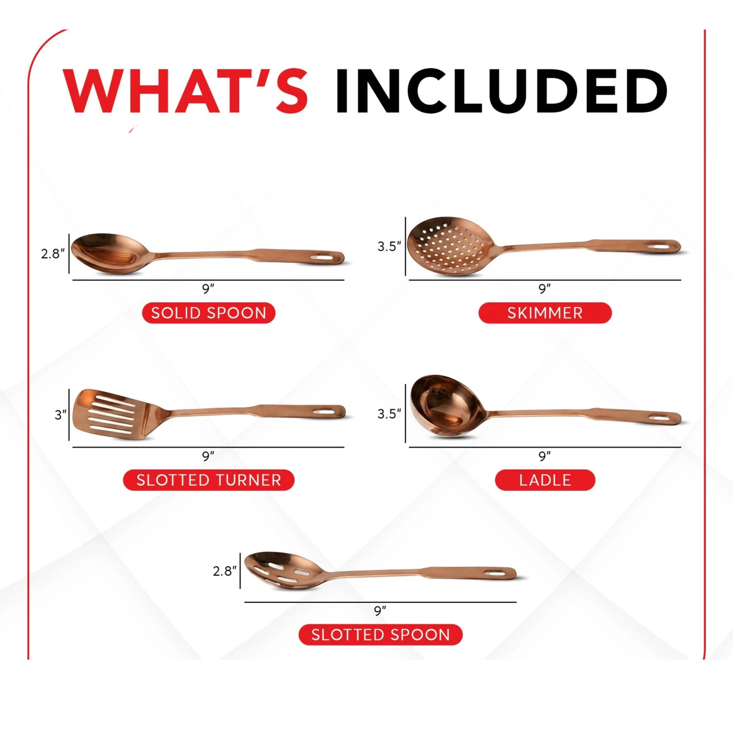 Home Collection 5-Piece Stainless Steel Cooking Utensil Set with Copper Finish 14-Inch