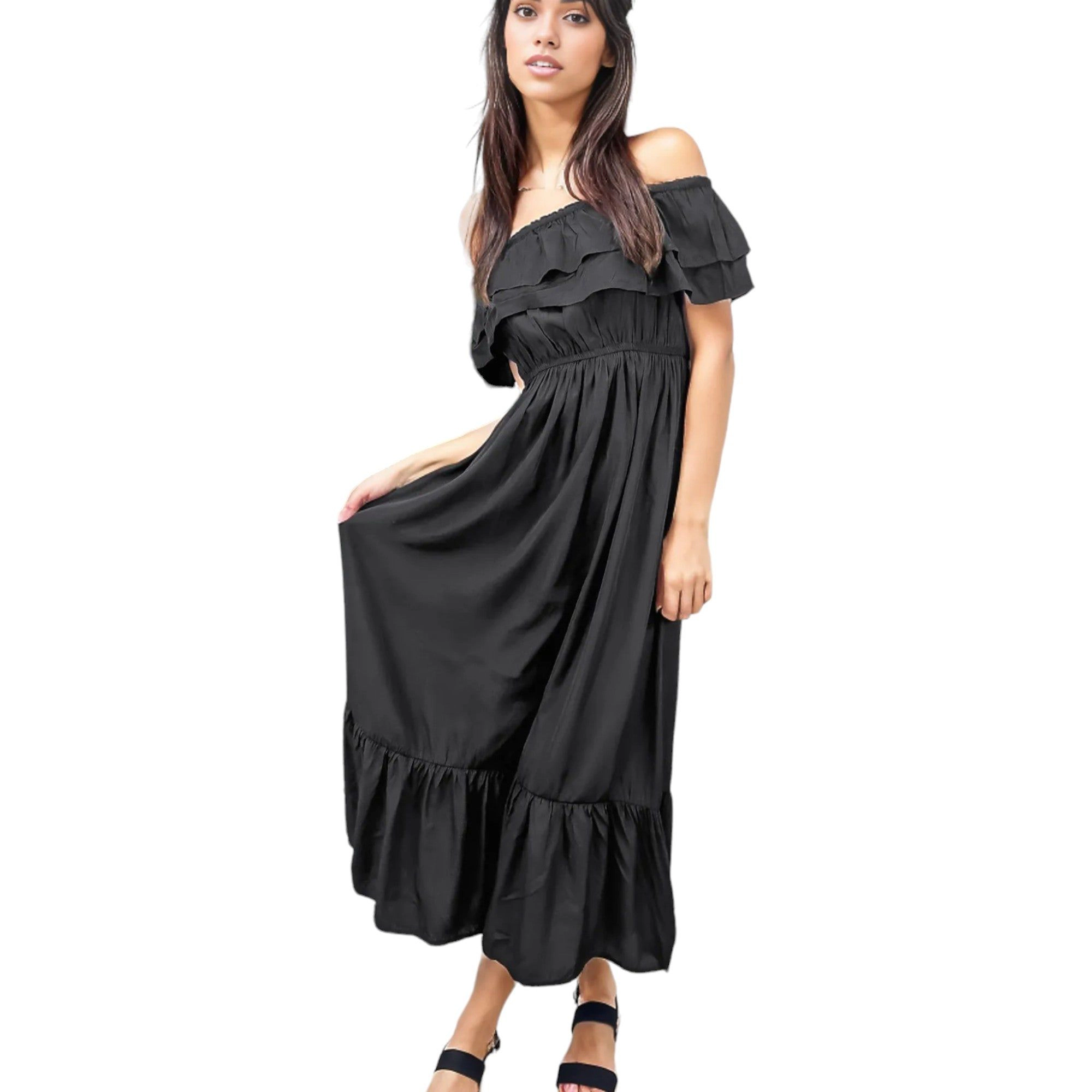 Anna-Kaci Women's Off-Shoulder Double Ruffle Elastic Waist Maxi Dress