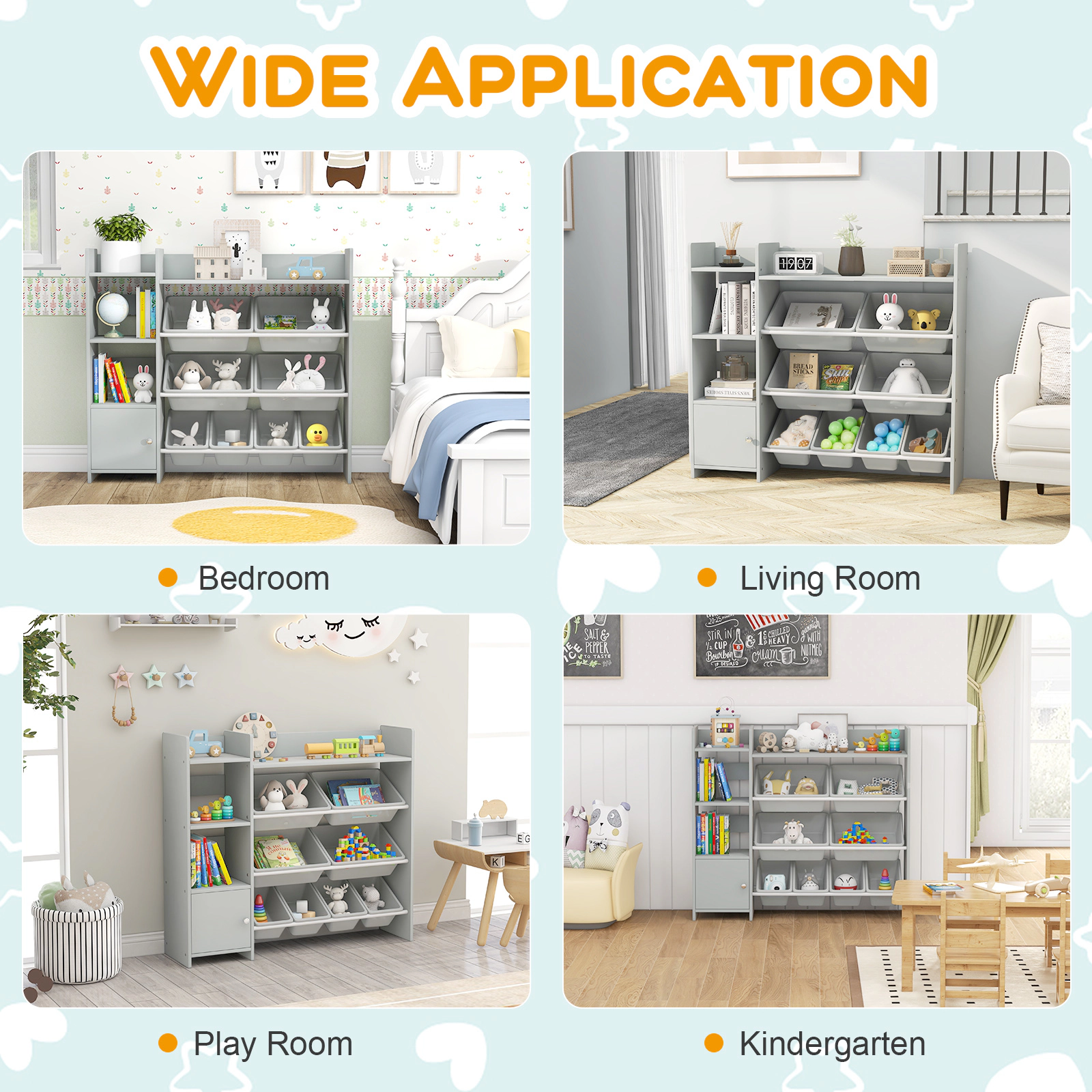 SUGIFT 4-Tier Kids Bookshelf and Toy Storage Rack with Cabinet 265-lb Total Capacity 8 Removable Bins 44.5-in Frame Gray