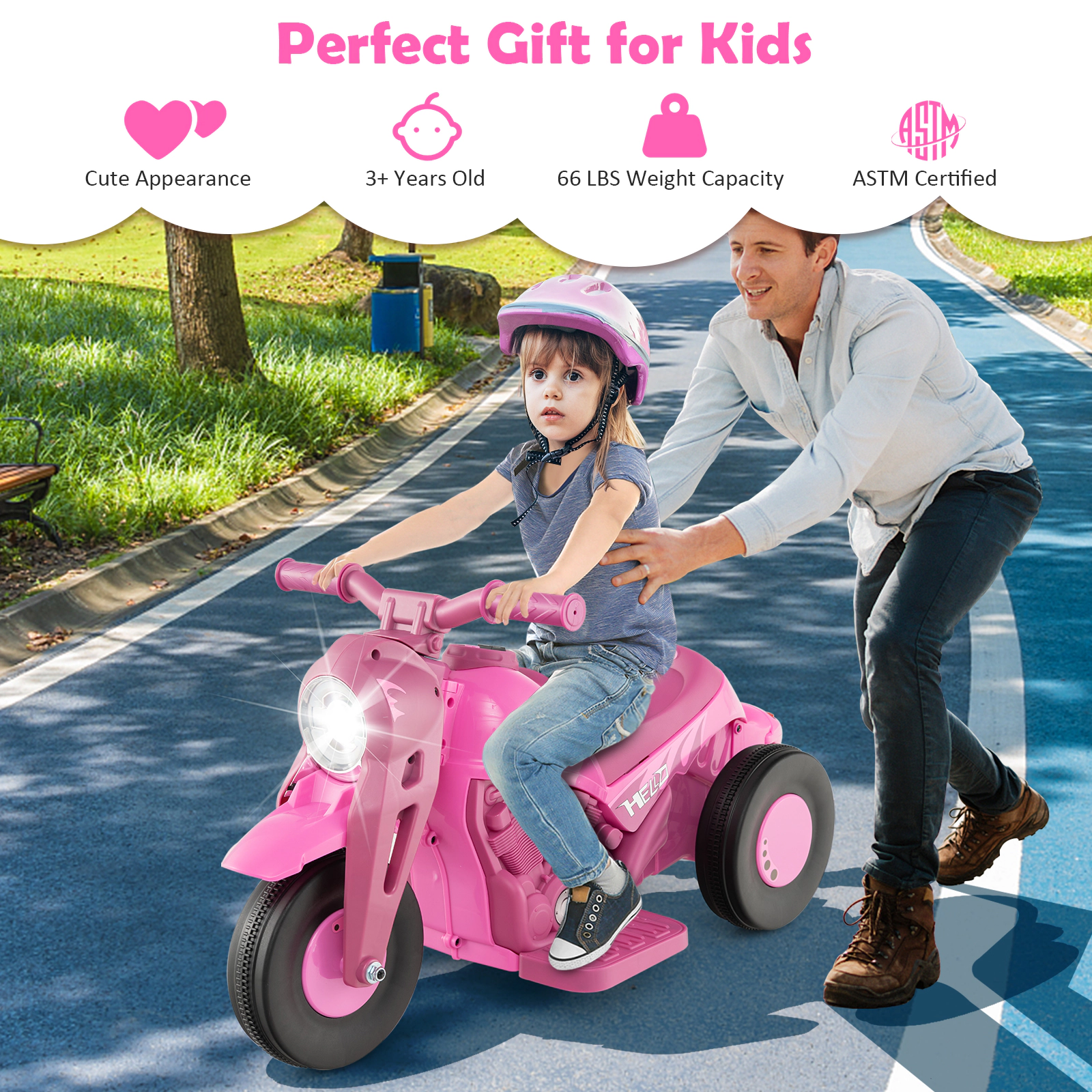 SUGIFT 6V Kids Electric Ride-On Motorcycle with Bubble Maker and Music 66-lb Capacity with LED Head Light Pink
