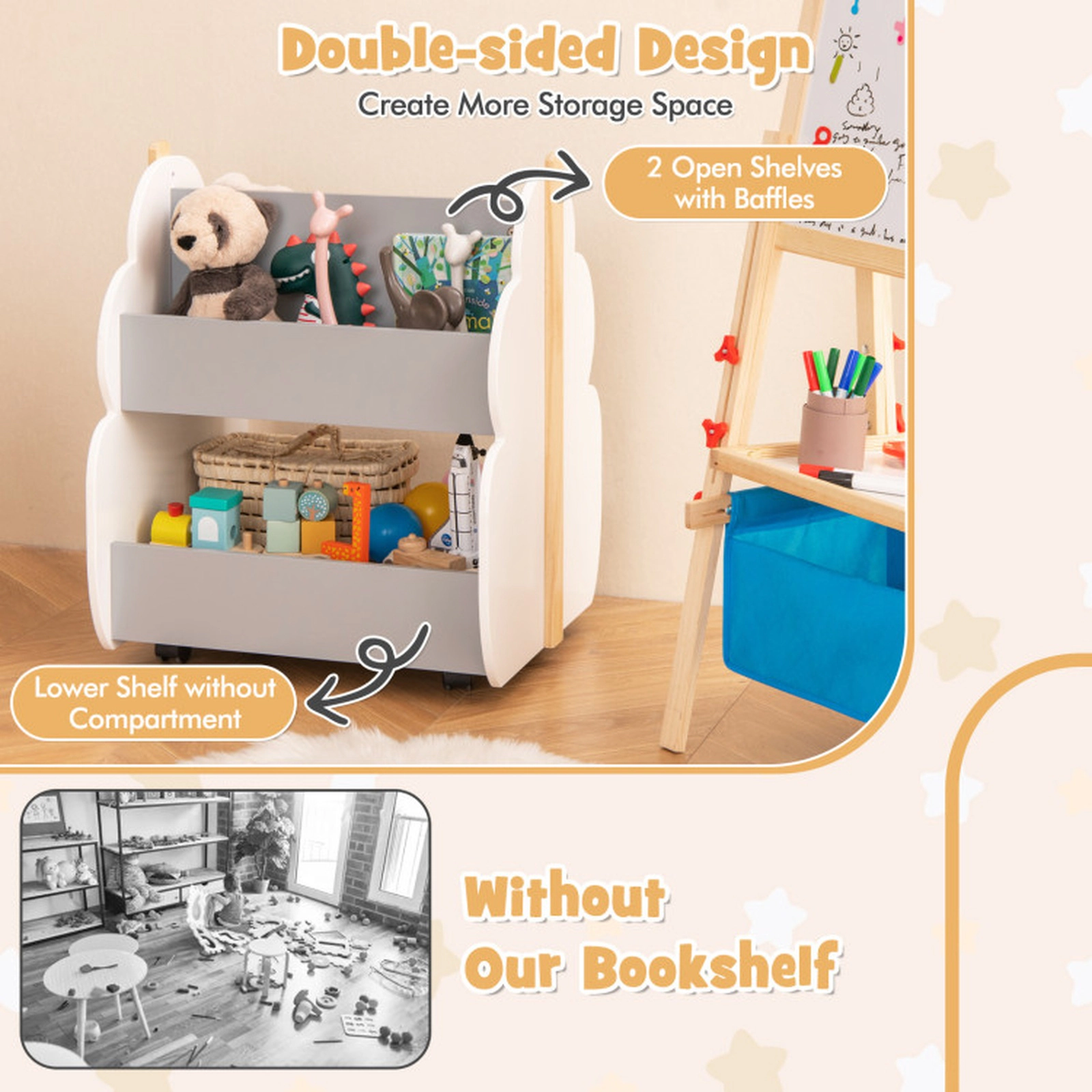 SUGIFT Tree-Shape Kids Wooden Toy Organizer Bookshelf with Wheels 11-lb Upper and 44-lb Lower Shelves White/Gray