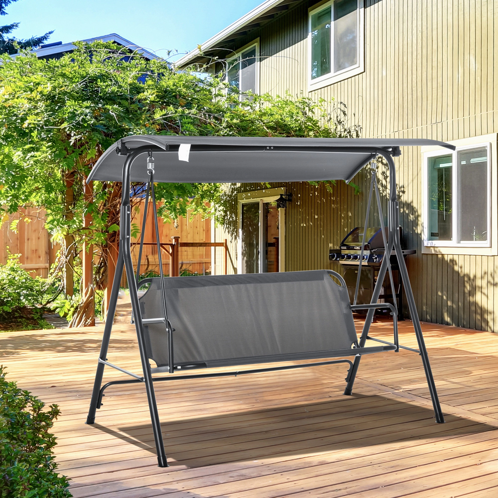 HONGGE 3-Person Porch Swing with A-Frame Stand, Adjustable Tilt Canopy, Powder-Coated Steel, 440 lb Capacity, Gray