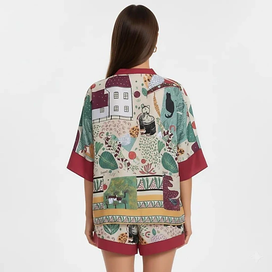 Anna-Kaci Women's Animal Print Pajama Set with Short Sleeves Button Up Top and Contrast Trim Shorts