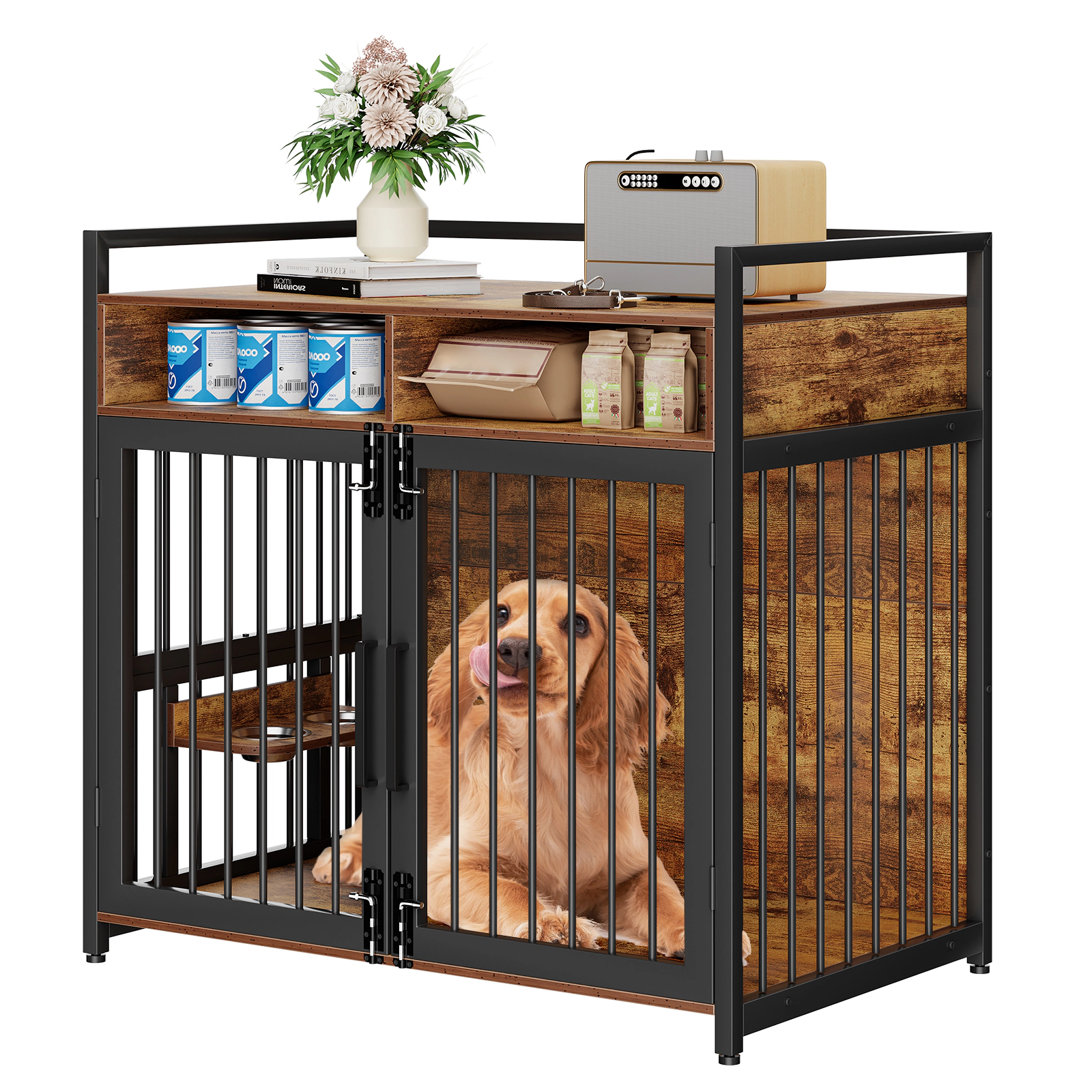 41" Large Dog Crate Furniture with 2 Storage Shelves & 360° Adjustable Feeder, Heavy Duty End Table for Medium Dogs