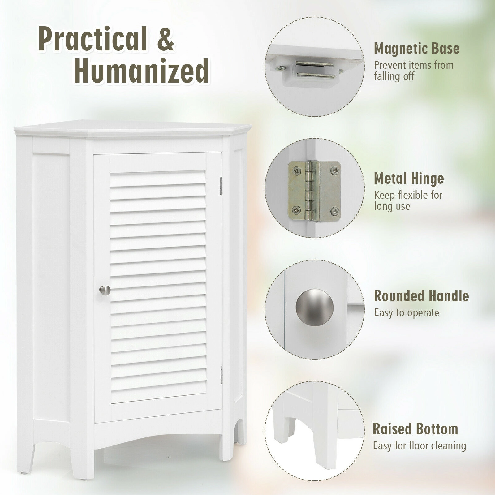 Glintex Corner Bathroom Cabinet with Shutter Door and 5 Adjustable Shelf Heights, White