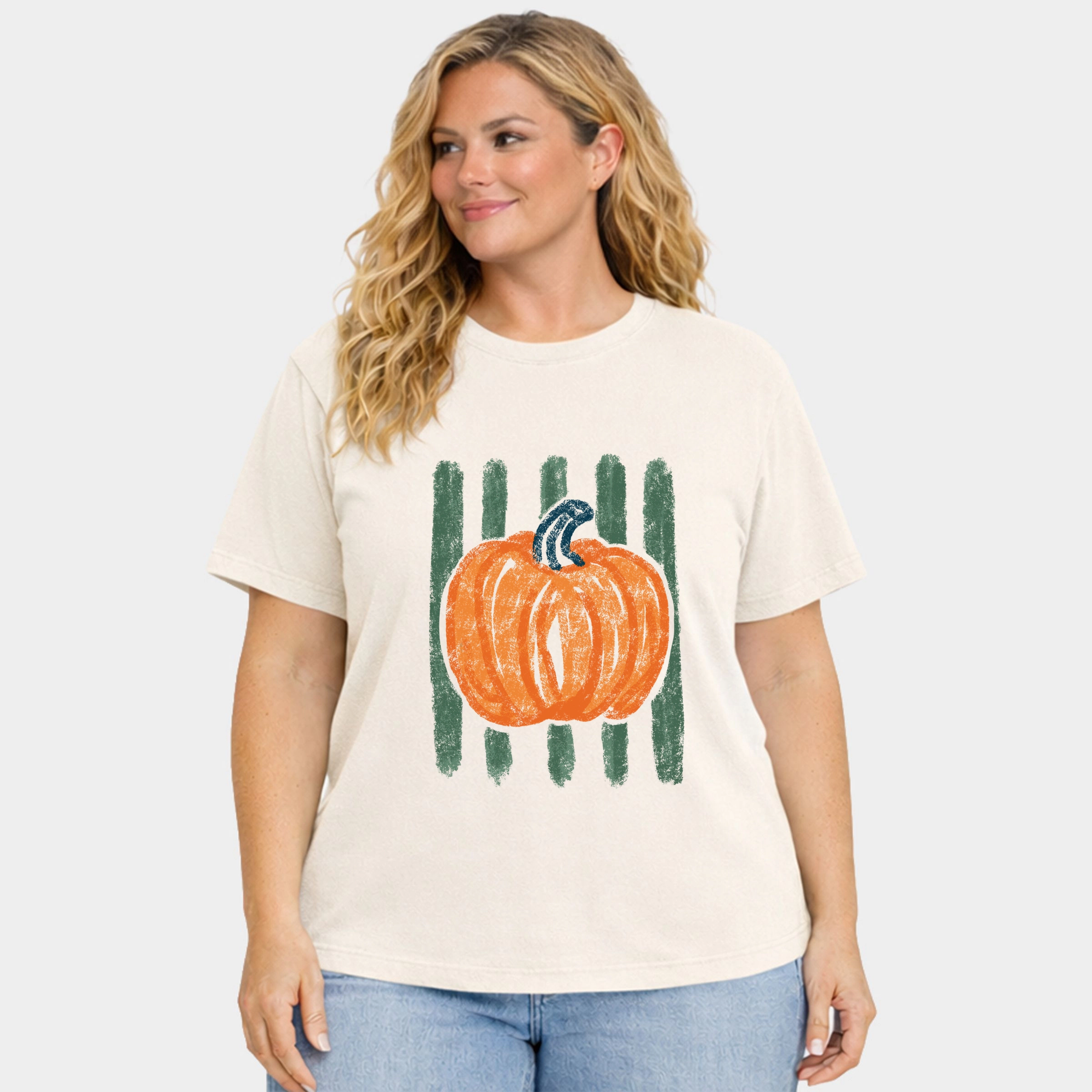 Simply Sage Market - Women's Plus Sized Garment Dyed Graphic T-Shirt Distressed Pumpkin Stripes